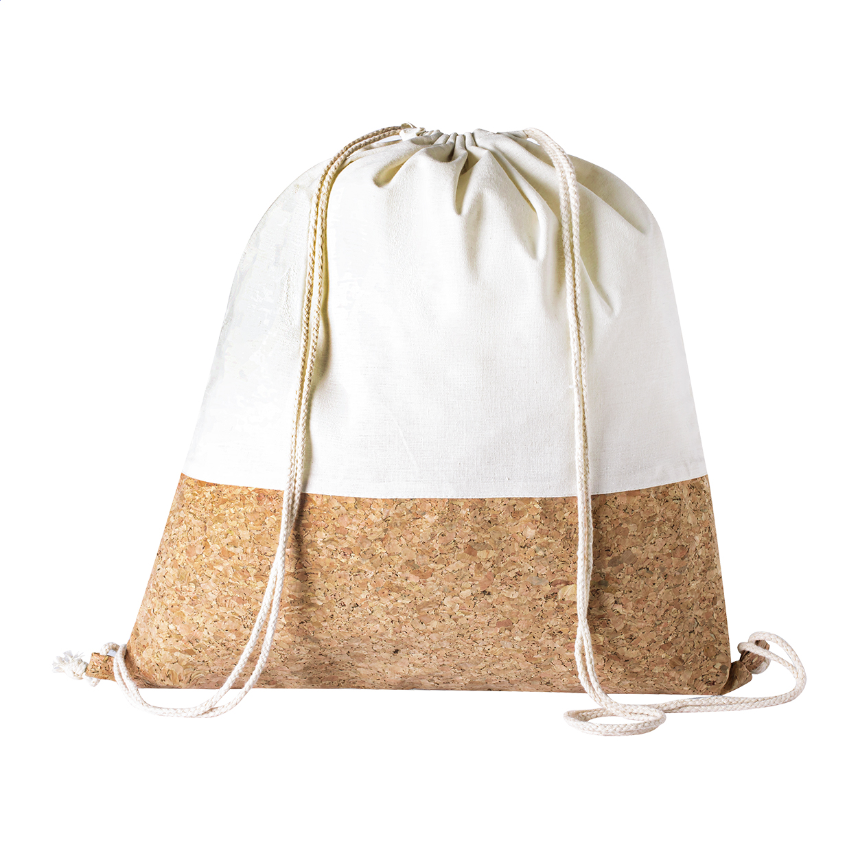 Sacca in cotone (145 g/m²) e sughero naturale con chiusura a coulisse — gadget promozionale personalizzabile con il tuo logo