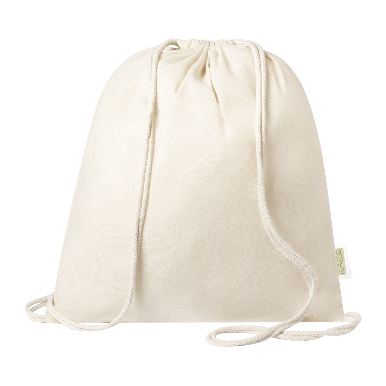 Sacca con chiusura a coulisse in 100% cotone organico da 120 g/m² — gadget promozionale personalizzabile con il tuo logo