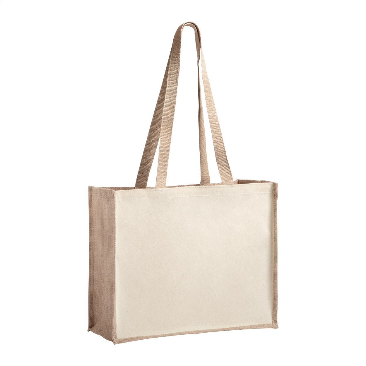 Shopper con manici lunghi in combinazione di juta e cotone laminato — gadget promozionale personalizzabile con il tuo logo