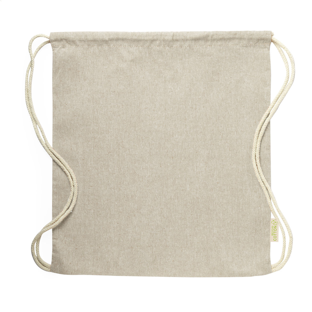 Sacca con chiusura a coulisse in 100% cotone riciclato da 120 g/m² — gadget promozionale personalizzabile con il tuo logo