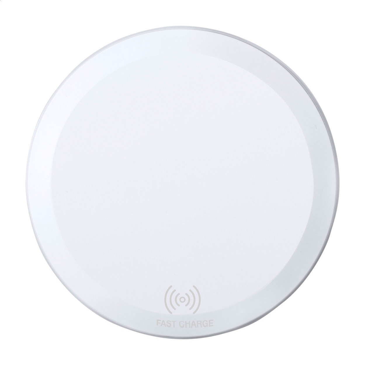 Caricabatterie wireless a carica veloce (10W), corpo in plastica, indicatore luminoso di carica a LED e base antiscivolo — gadget promozionale personalizzabile con il tuo logo