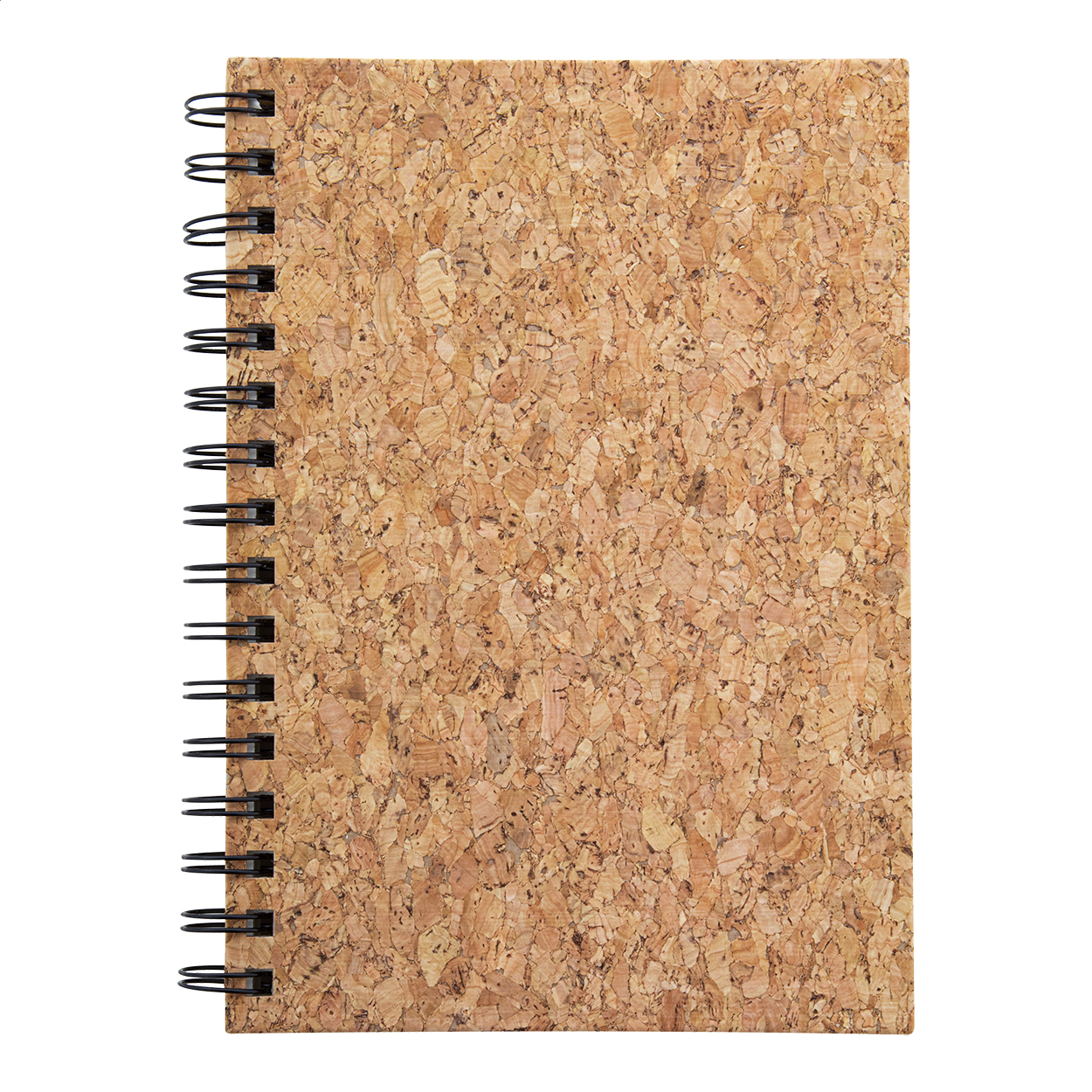 Quaderno a spirale formato A5, con 100 fogli a righe e copertina in sughero naturale — gadget promozionale personalizzabile con il tuo logo