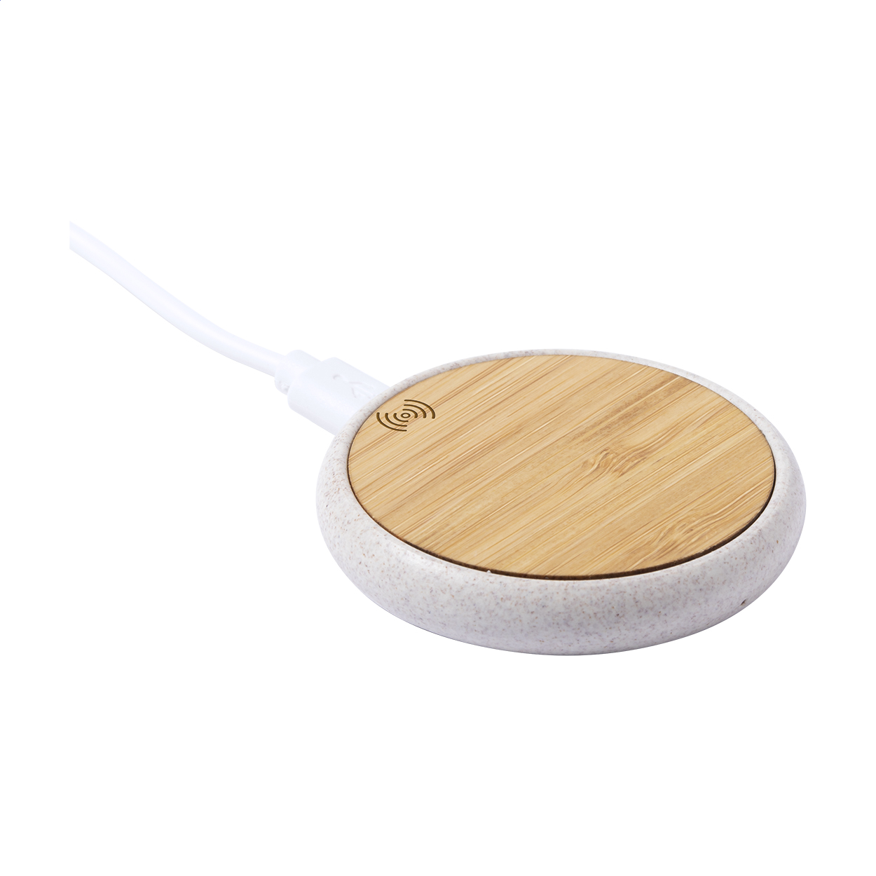 Caricabatterie wireless (10W) con corpo in bambù e plastica di paglia di grano ecologico — gadget promozionale personalizzabile con il tuo logo