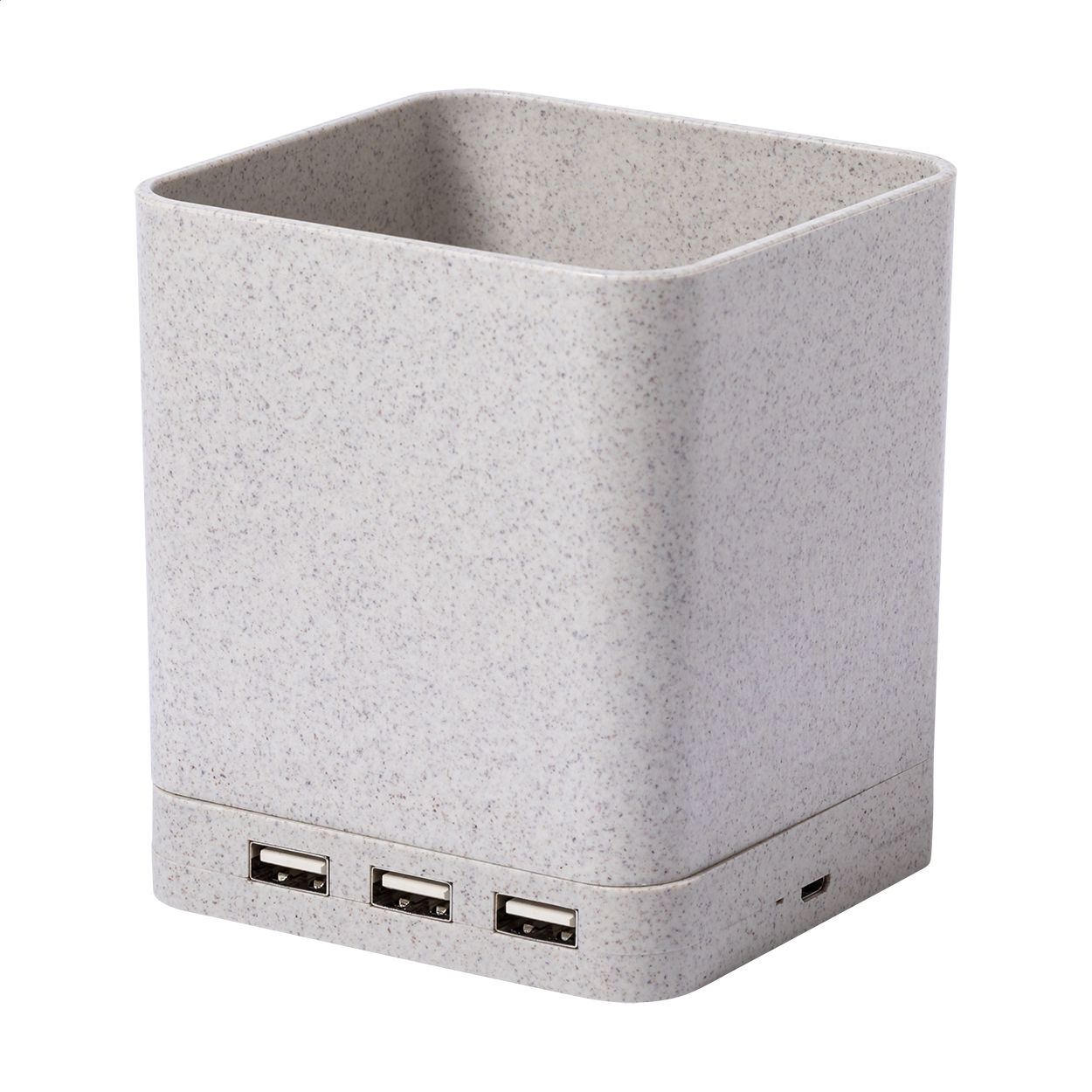 Portapenne multifunzione in plastica ecologica di paglia di grano con porta cellulare, caricabatterie wireless (5W) e hub USB a 3 porte (USB 2 — gadget promozionale personalizzabile con il tuo logo