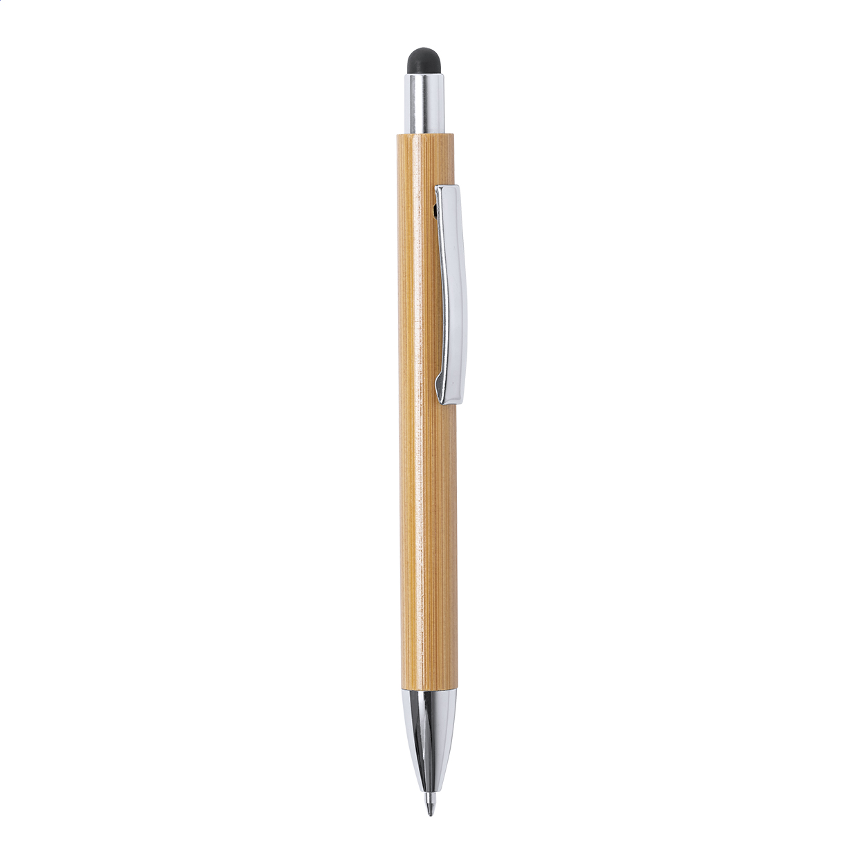 Penna a sfera capacitiva in bambù con clip e punta in metallo — gadget promozionale personalizzabile con il tuo logo