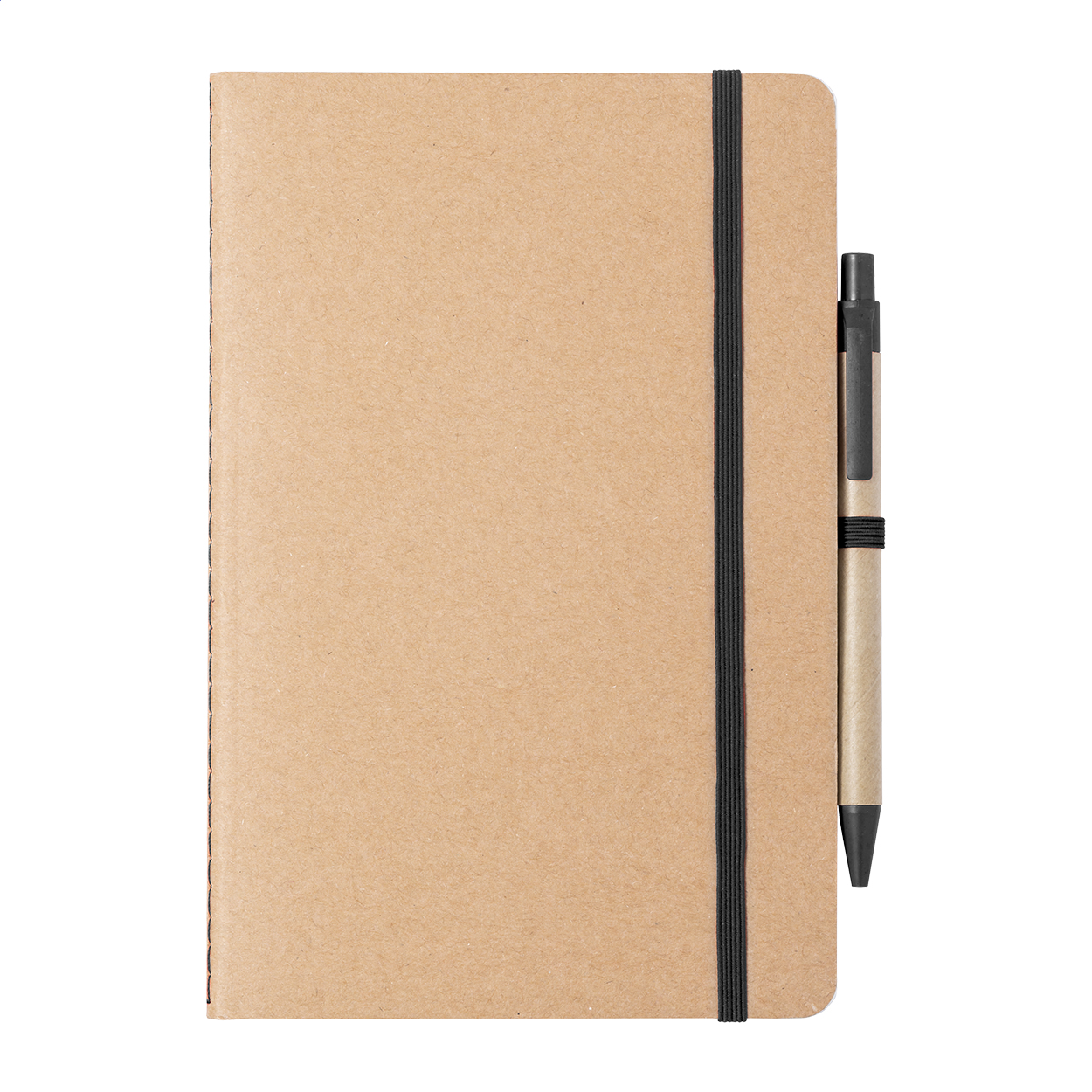 Quaderno ricoperto di cartone riciclato con 60 fogli bianchi e cinturino in gomma colorata, formato A5 — gadget promozionale personalizzabile con il tuo logo