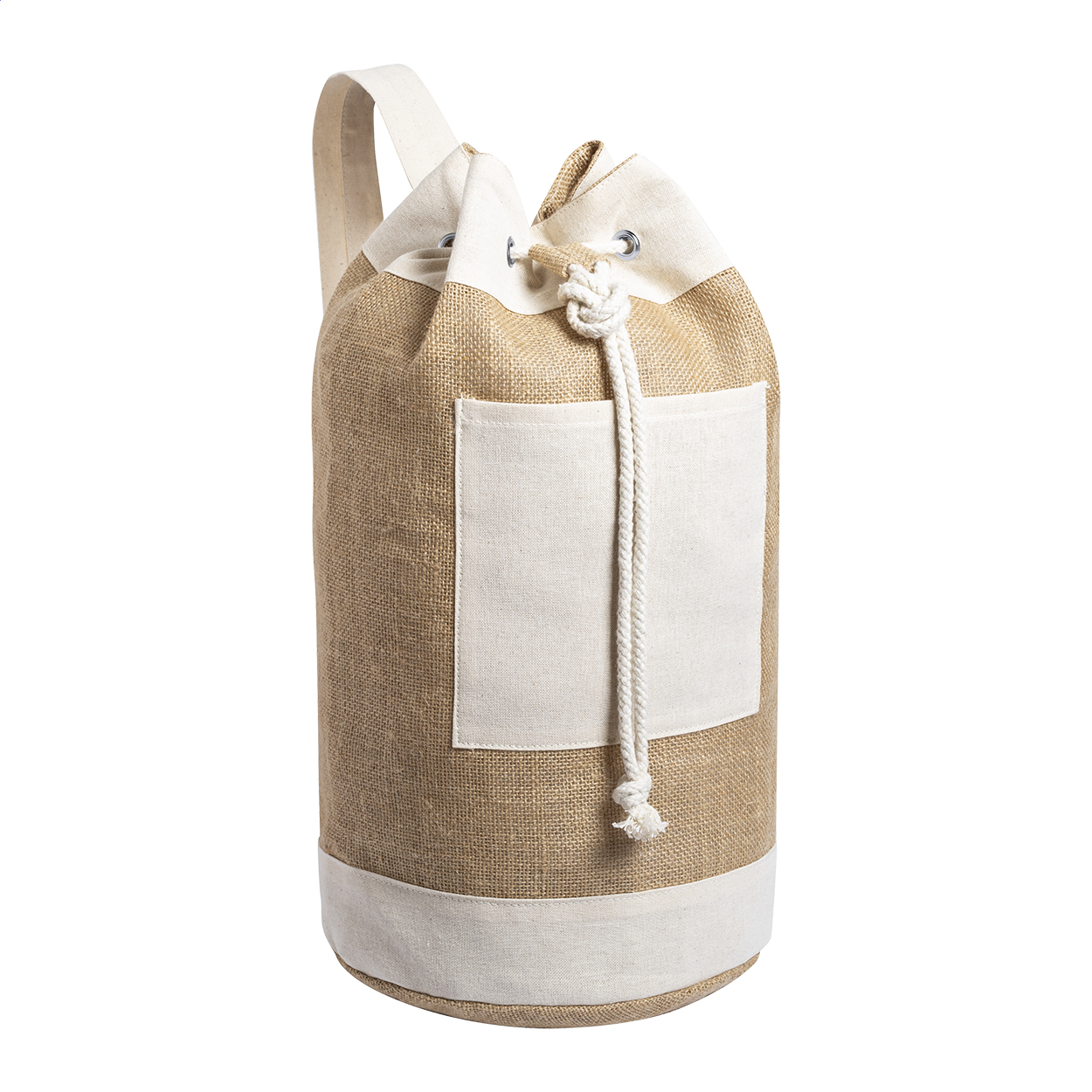 Sacca marinaio in iuta con tasca frontale in cotone e chiusura con coulisse — gadget promozionale personalizzabile con il tuo logo