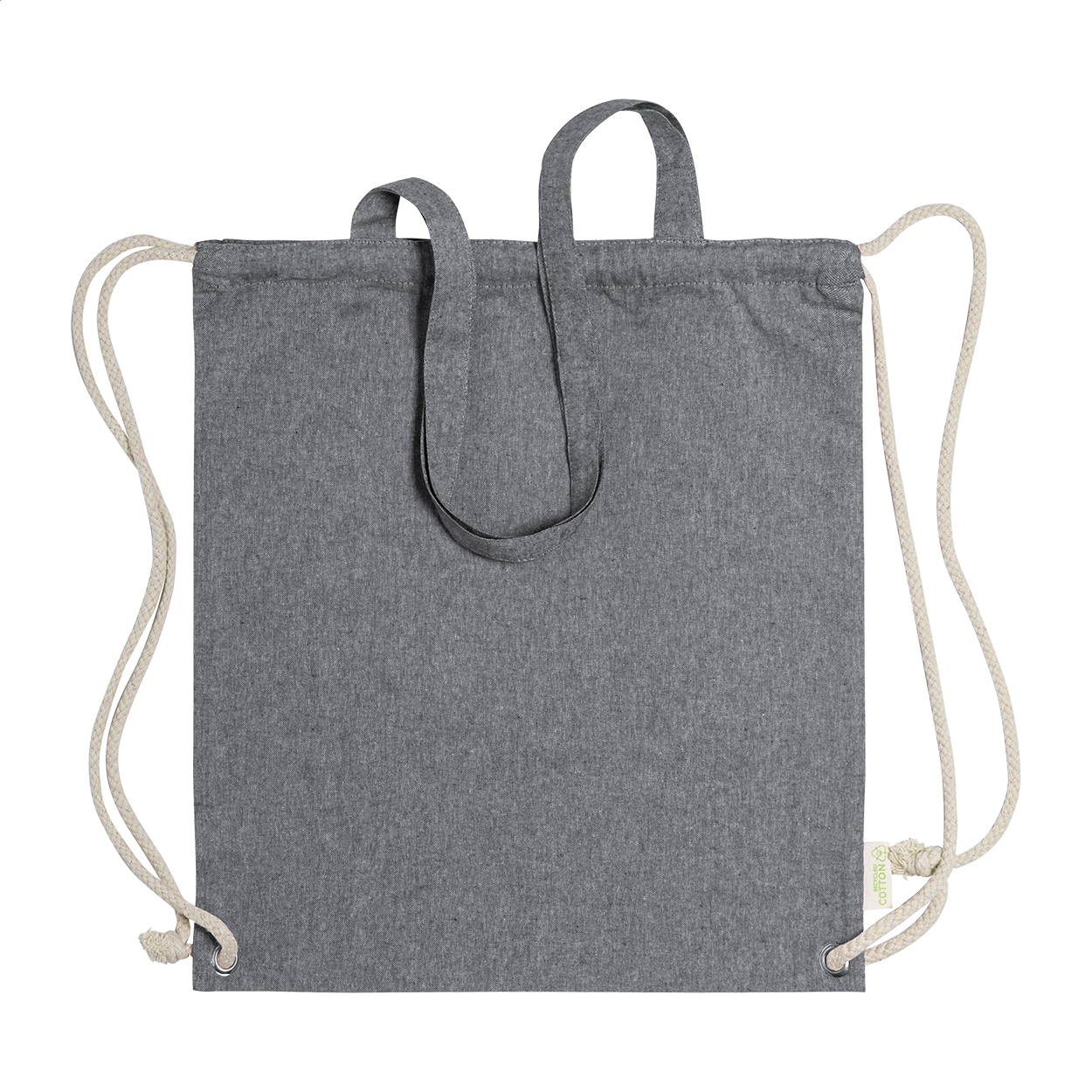 Sacca shopper con chiusura a coulisse in cotone riciclato e lunghi cordoncini intrecciati e spessi — gadget promozionale personalizzabile con il tuo logo
