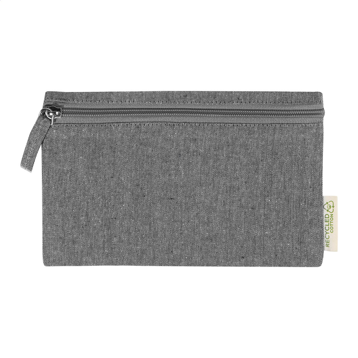 Trousse in 70% cotone riciclato e 30% poliestere riciclato con cerniera — gadget promozionale personalizzabile con il tuo logo