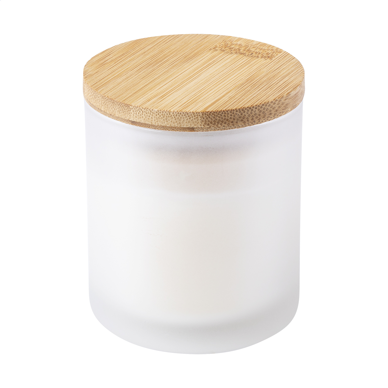 Candela profumata alla vaniglia in vaso di vetro con coperchio in bambù — gadget promozionale personalizzabile con il tuo logo