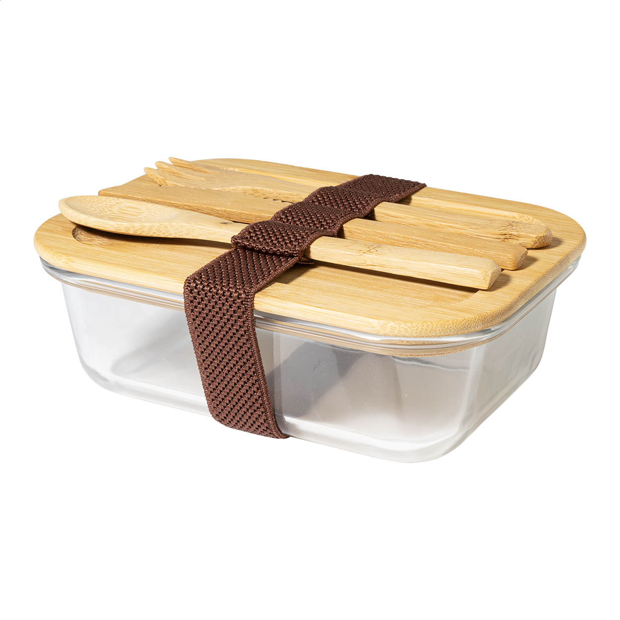 Contenitore per il pranzo in vetro con coperchio e set di posate (coltello, forchetta e cucchiaio) in bambù naturale ed elastico di chiusura, 500 ml — gadget promozionale personalizzabile con il tuo logo