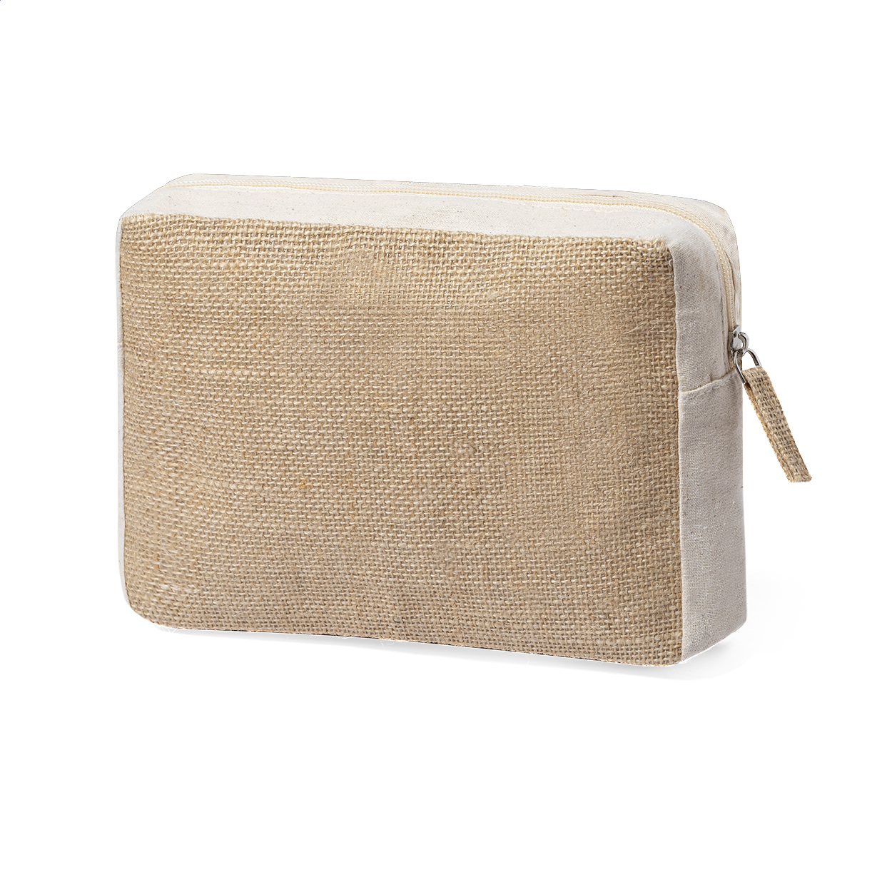 Trousse per cosmetici in cotone e juta laminata, con cerniera — gadget promozionale personalizzabile con il tuo logo