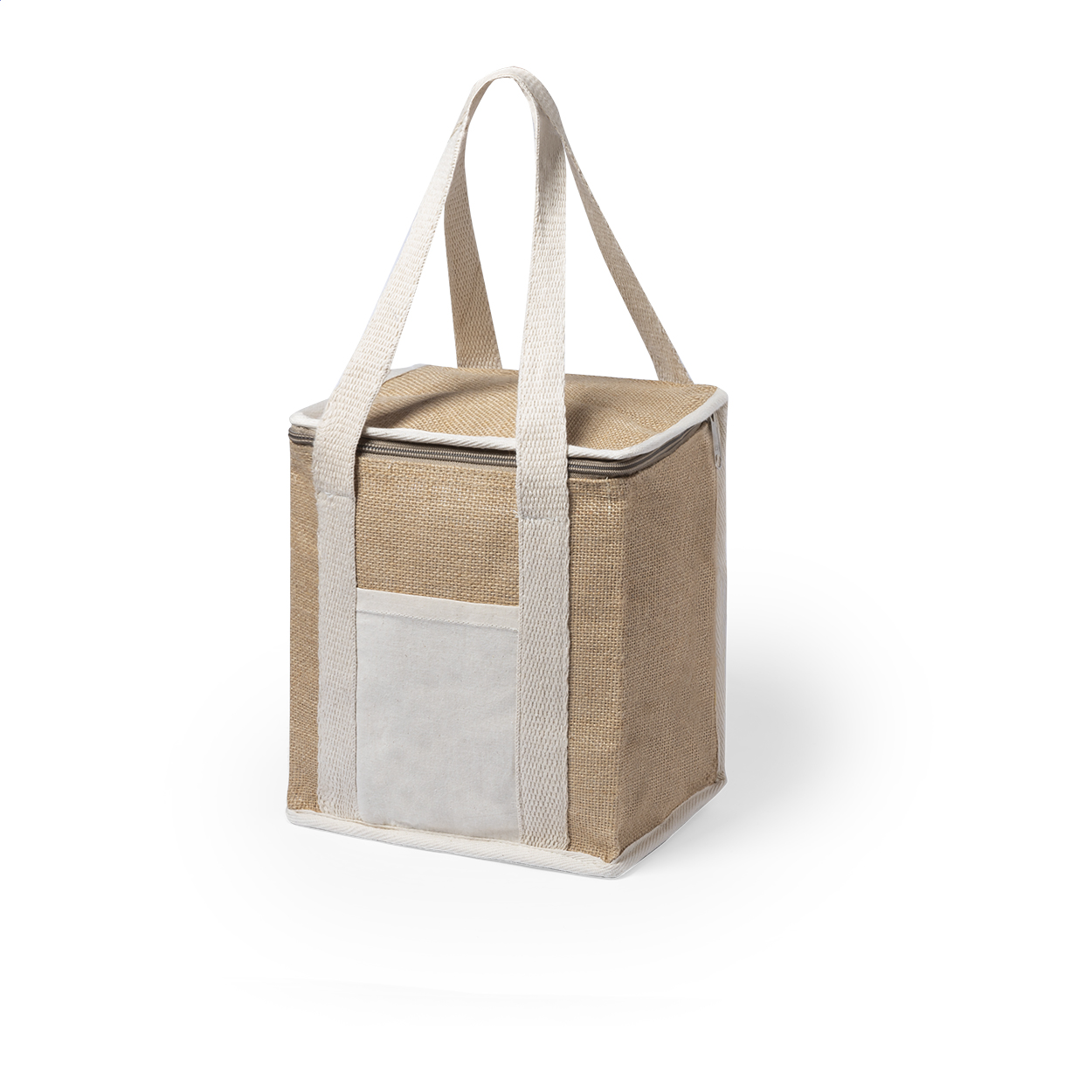 Borsa termica in juta laminata e cotone con cerniera ed imbottitura in alluminio — gadget promozionale personalizzabile con il tuo logo