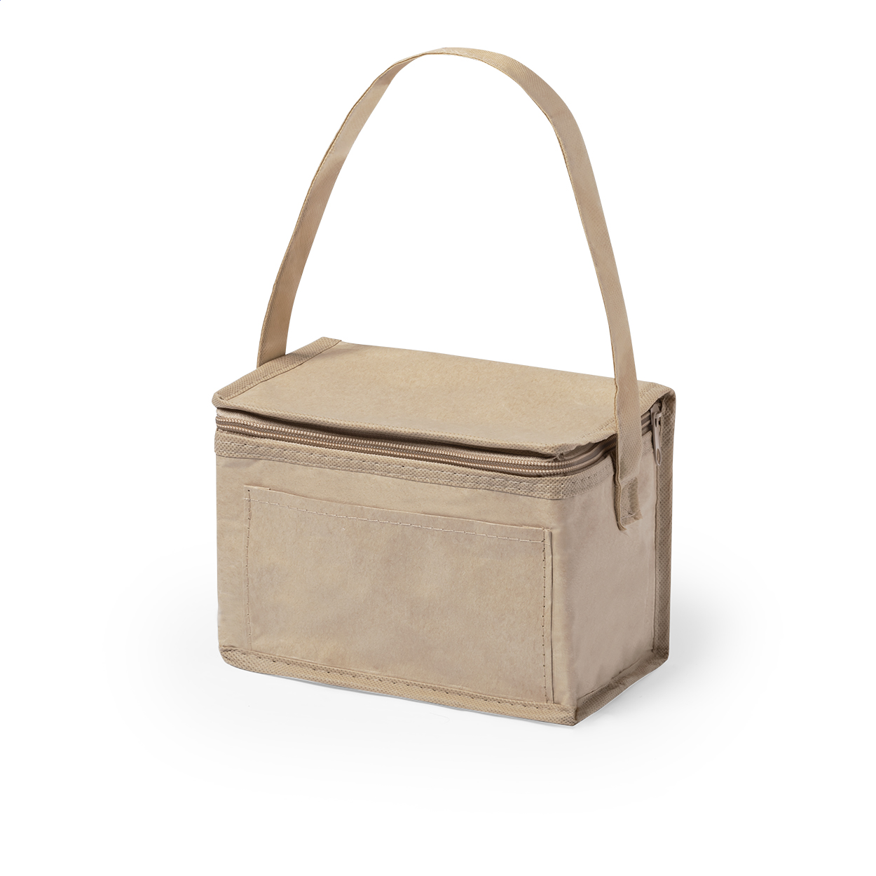 Borsa termica con cerniera in carta riciclata laminata per 6 lattine da 0,33 l, imbottitura in alluminio e tasca frontale ideale per la stampa — gadget promozionale personalizzabile con il tuo logo