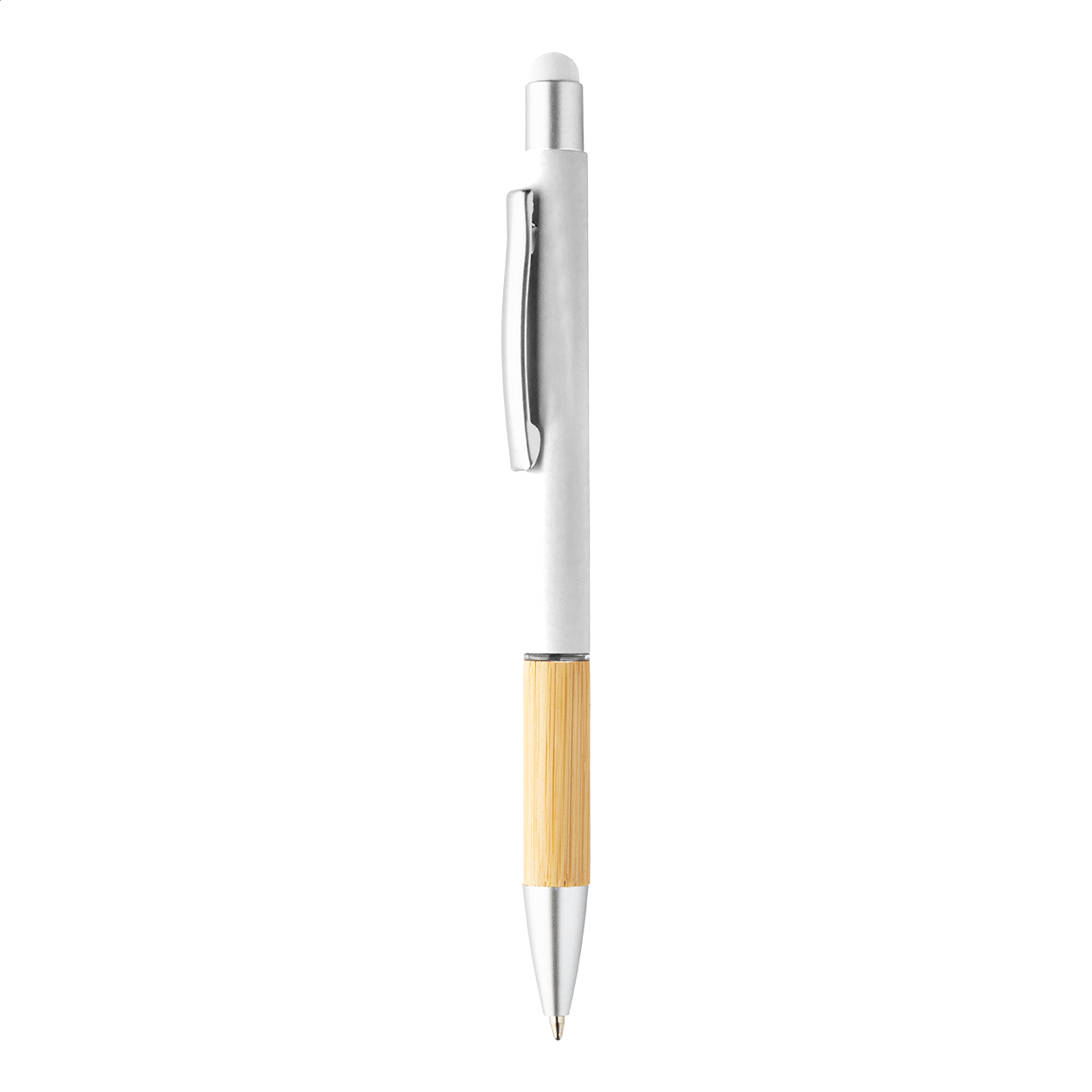 Penna a sfera capacitiva in alluminio con impugnatura in bambù e finitura opaca — gadget promozionale personalizzabile con il tuo logo