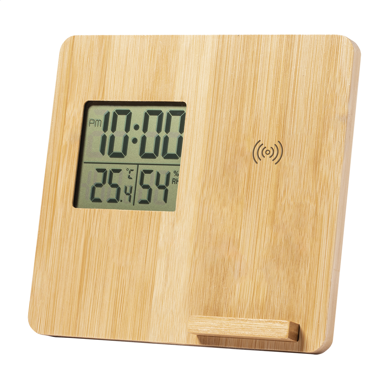 Stazione meteorologica in bambù con supporto per il telefono e caricatore veloce wireless incorporato (10W) — gadget promozionale personalizzabile con il tuo logo
