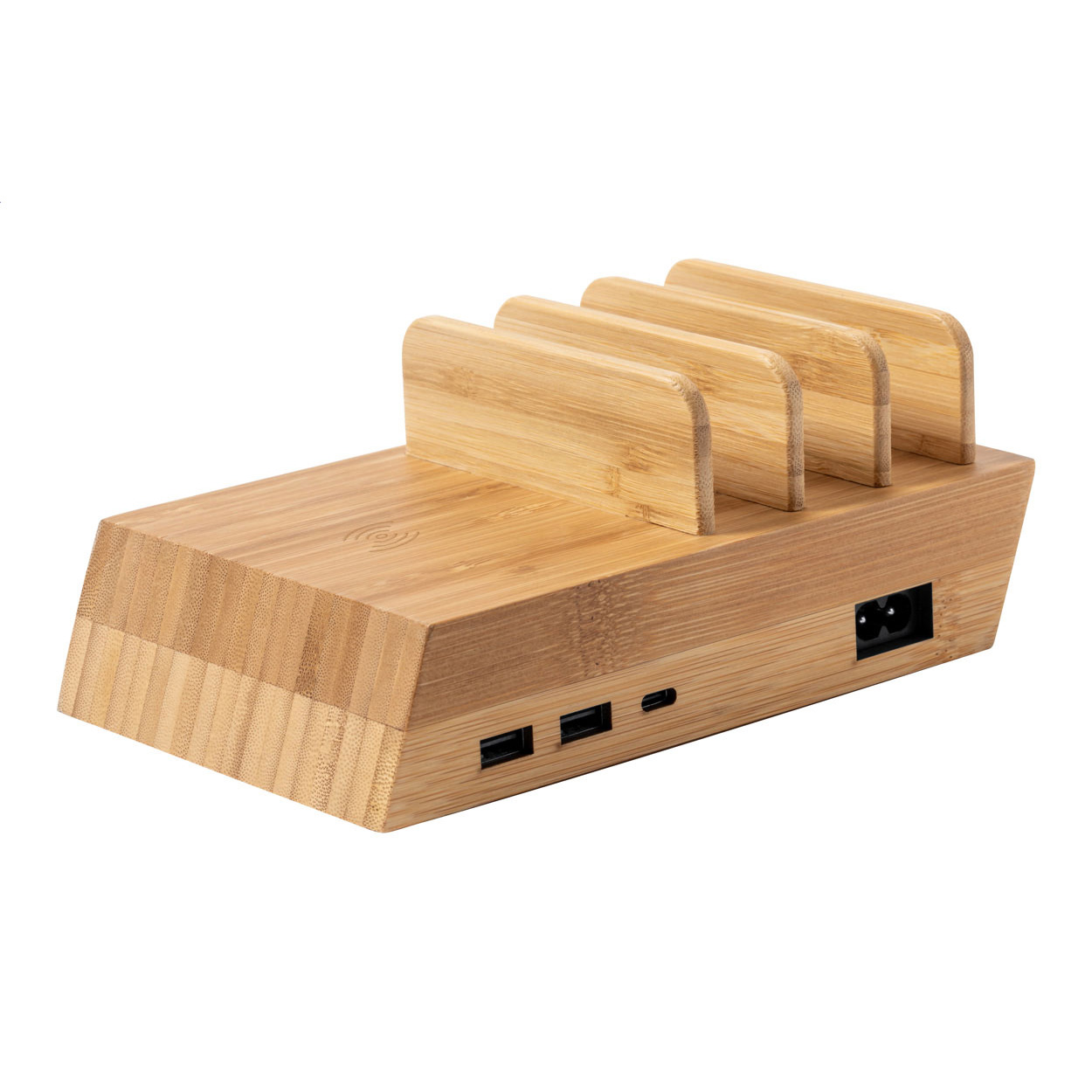 Stazione di ricarica USB in bambù con supporti per cellulari e caricatore veloce wireless incorporato (10W) — gadget promozionale personalizzabile con il tuo logo