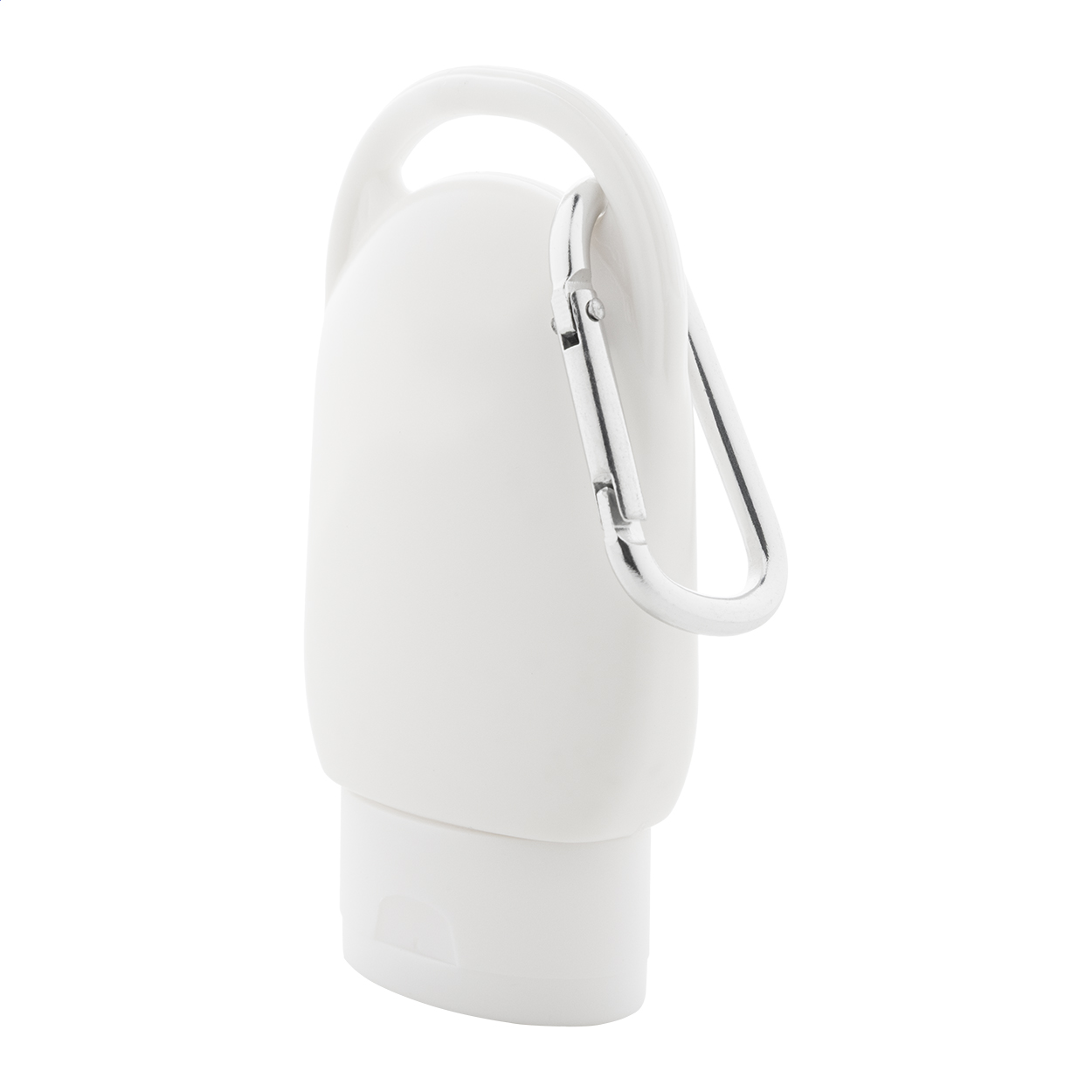 Lozione solare protettiva in contenitore di plastica, tappo e moschettone in colore coordinato — gadget promozionale personalizzabile con il tuo logo