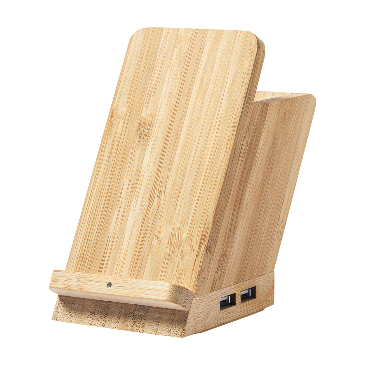 Portapenne multifunzione in bambù con porta cellulare, caricatore wireless (5W) e hub USB a 4 porte (USB 2 — gadget promozionale personalizzabile con il tuo logo