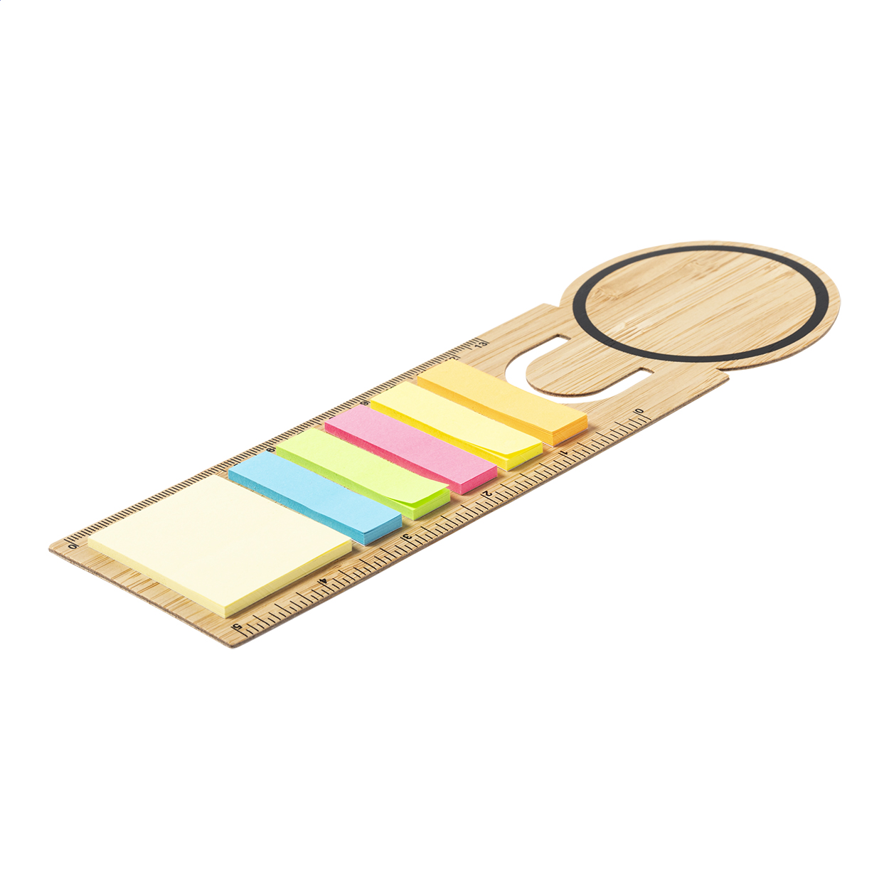 Segnalibro e righello di bambù con 25 foglietti adesivi grandi e 125 piccoli (in 5 colori diversi) — gadget promozionale personalizzabile con il tuo logo