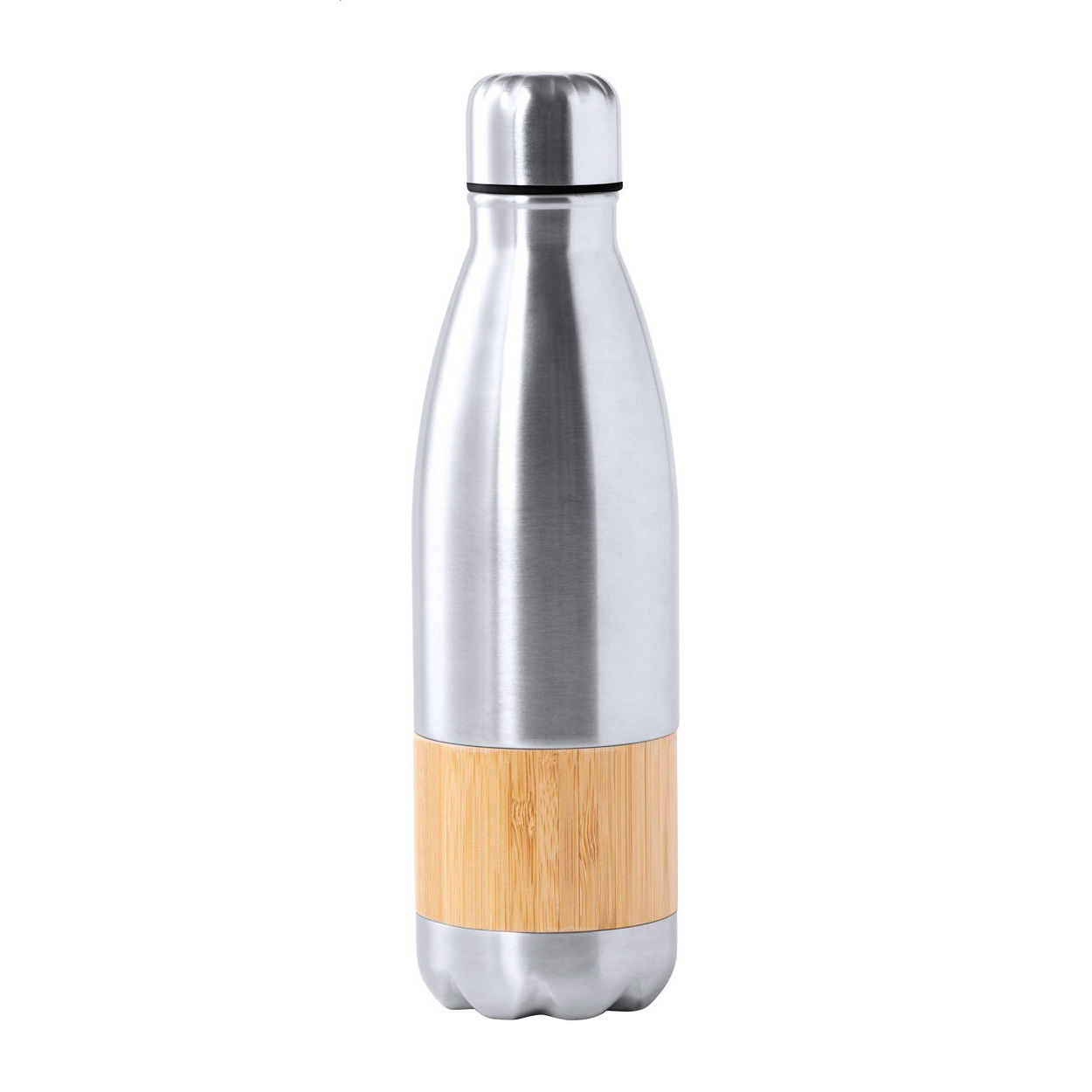 Bottiglia sportiva a forma di bottiglia, in acciaio inox con intarsio in bambù, 750 ml — gadget promozionale personalizzabile con il tuo logo