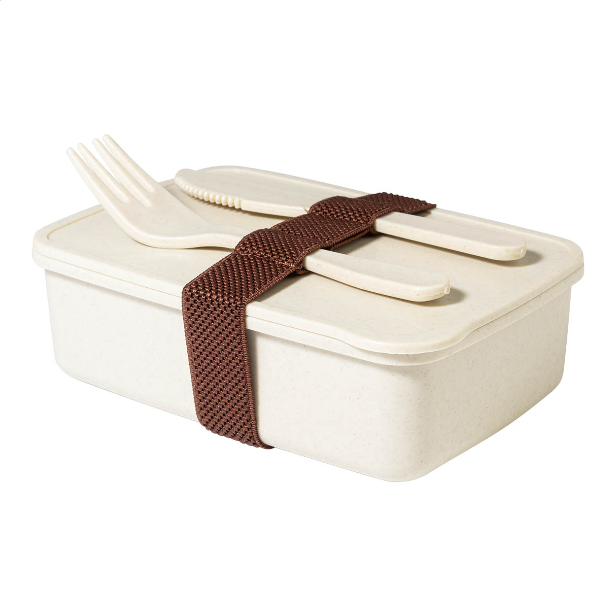 Contenitore per il pranzo in plastica PP con set di posate (coltello e forchetta) e cinturino elastico — gadget promozionale personalizzabile con il tuo logo