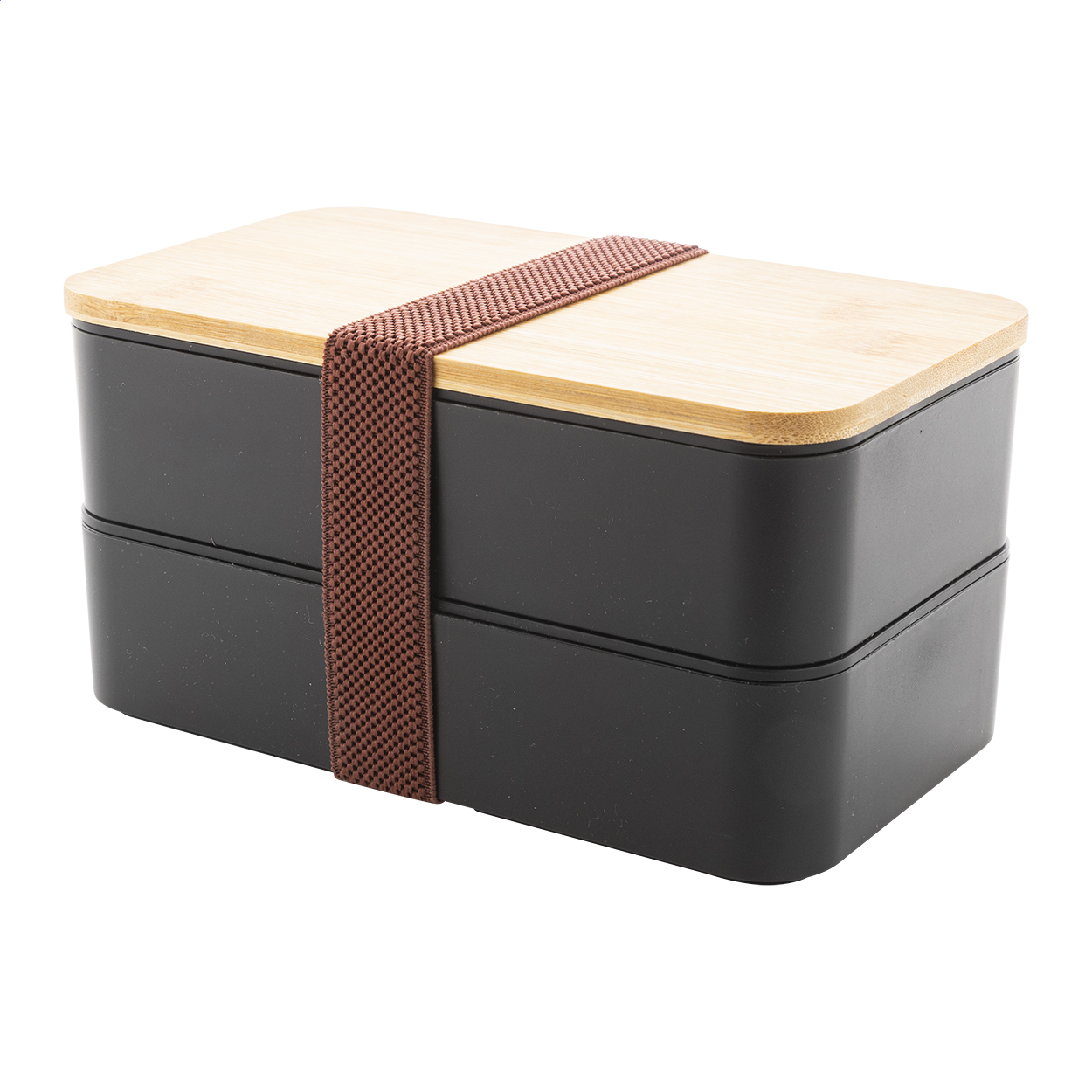 Contenitore per il pranzo in plastica PP con set di posate (forchetta, cucchiaio e coltello), coperchio in bambù e cinturino elastico — gadget promozionale personalizzabile con il tuo logo