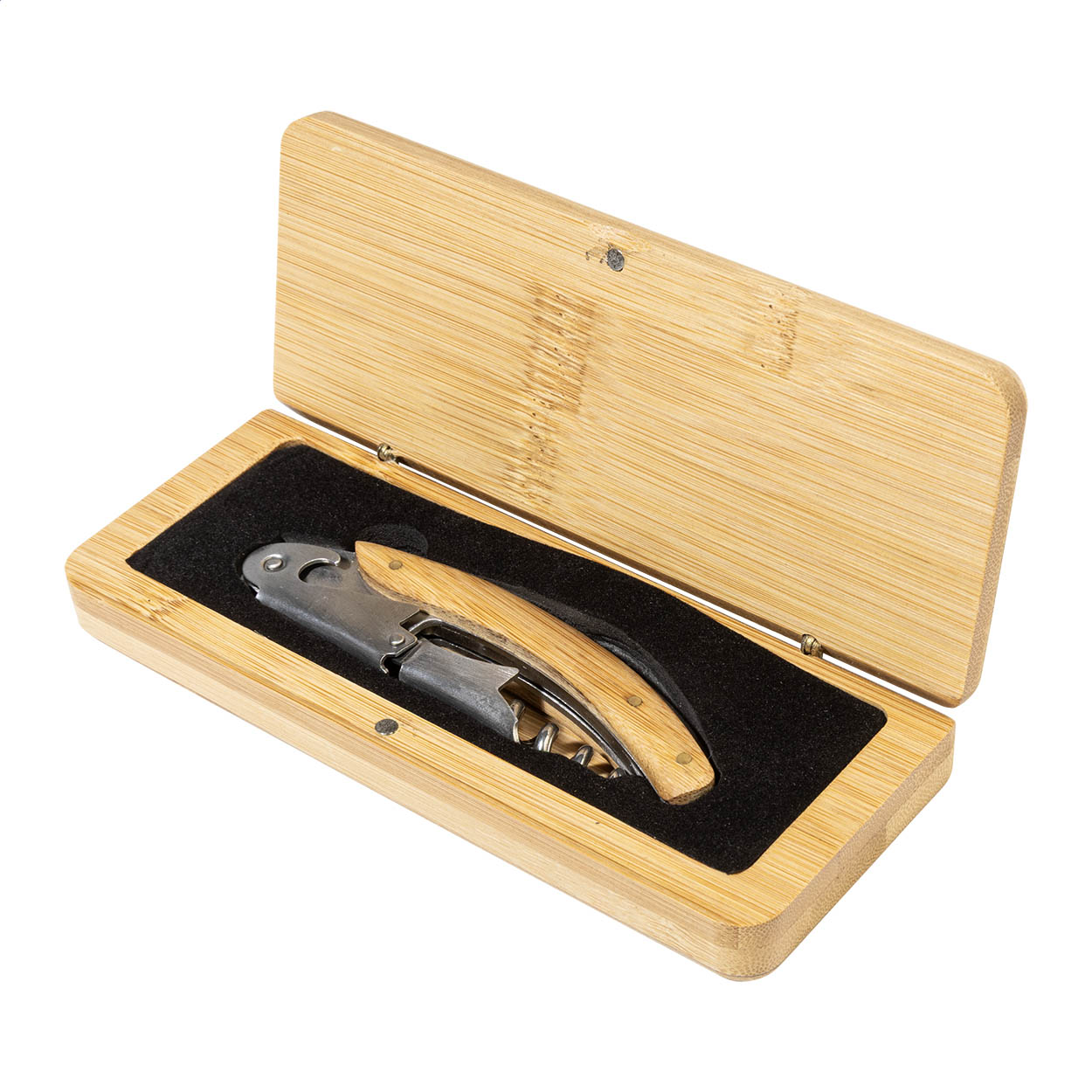 Cavatappi in acciaio inossidabile con apribottiglie e manico in bambù, in scatola di bambù — gadget promozionale personalizzabile con il tuo logo