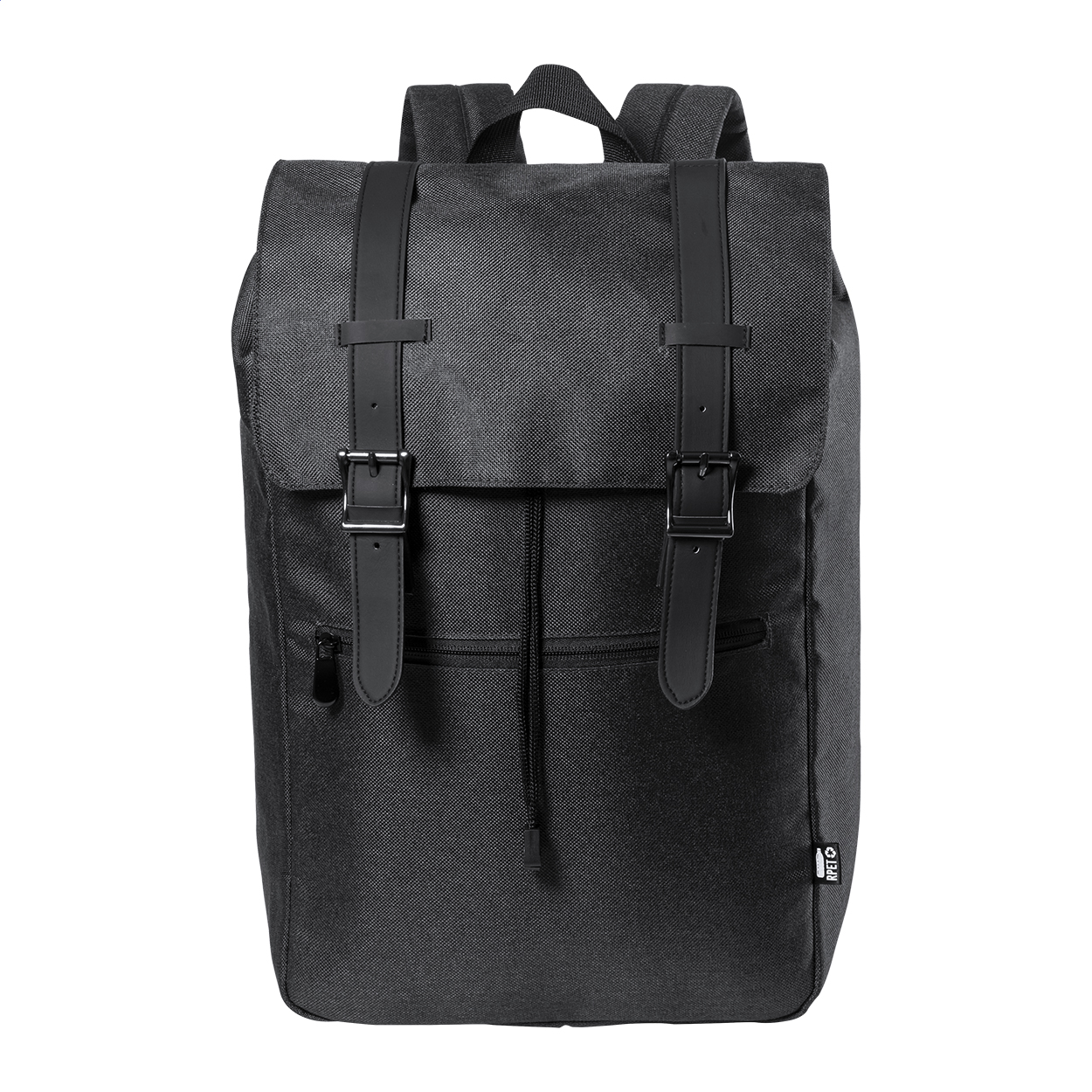 Zaino in RPET con scomparto imbottito per laptop (15") e tablet (12"), tasca frontale con zip, schienale e spallacci imbottiti — gadget promozionale personalizzabile con il tuo logo