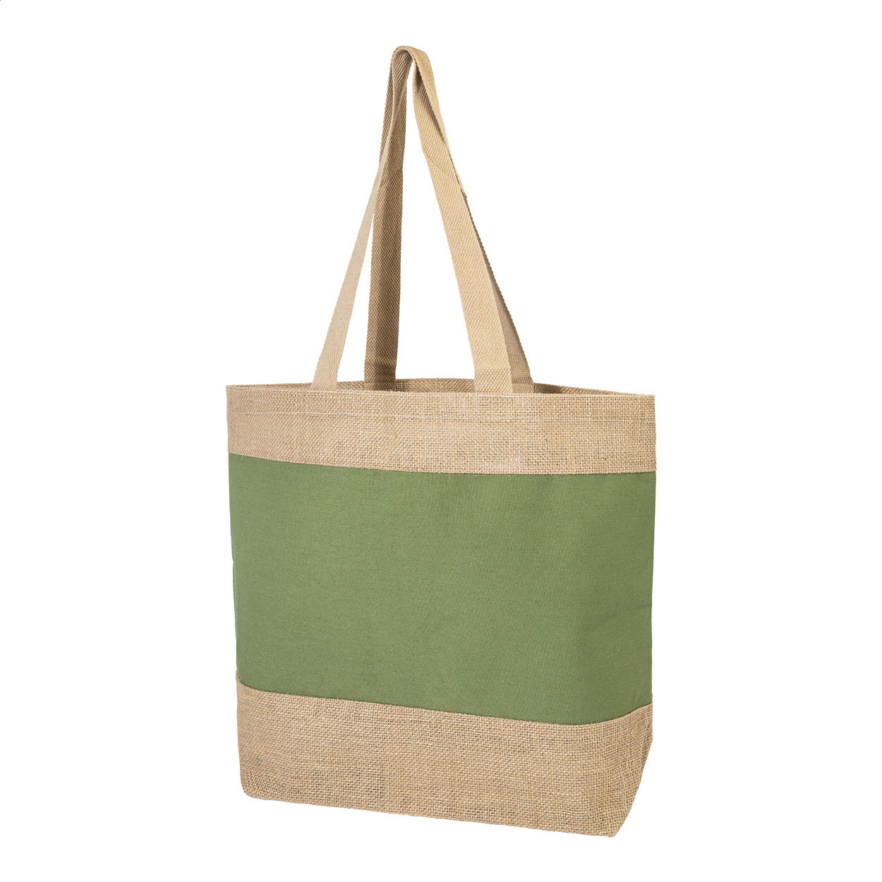 Borsa shopper da spiaggia colorata in combinazione di juta e cotone laminati con manici lunghi — gadget promozionale personalizzabile con il tuo logo