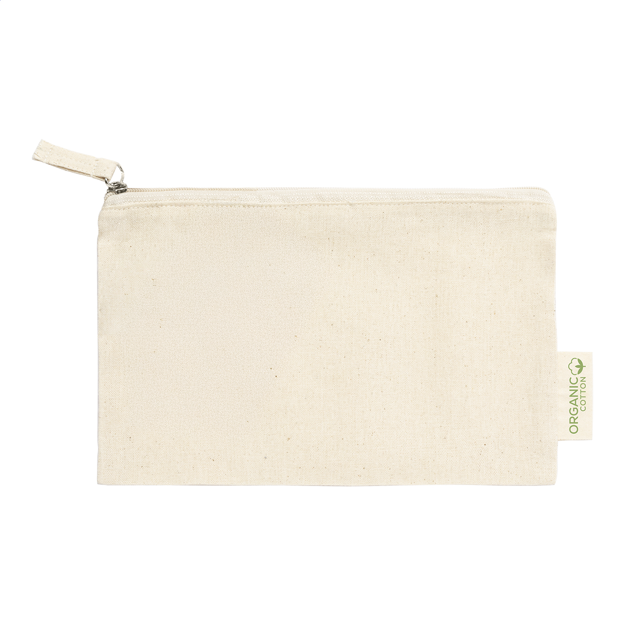 Trousse in 100% cotone organico da 180 g/m² con cerniera ed etichetta cotone organico — gadget promozionale personalizzabile con il tuo logo