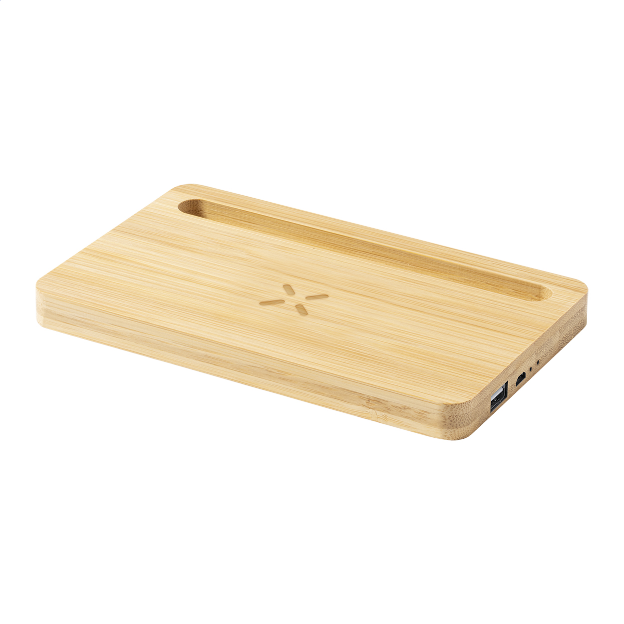 Organizer portacellulare da scrivania in bambù con caricabatterie rapido wireless integrato (15W), porta di ricarica USB per ricaricare contemporaneamente 2 dispositivi (1 in modalità wireless e 1 via cavo) — gadget promozionale personalizzabile con il tuo logo