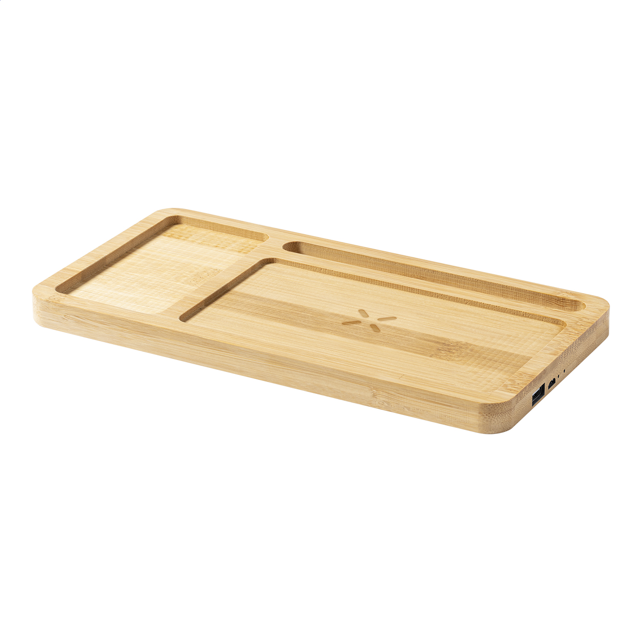 Organizer portacellulare da scrivania in bambù con caricabatterie rapido wireless integrato (15W), porta di ricarica USB per ricaricare contemporaneamente 2 dispositivi (1 in modalità wireless e 1 via cavo) — gadget promozionale personalizzabile con il tuo logo