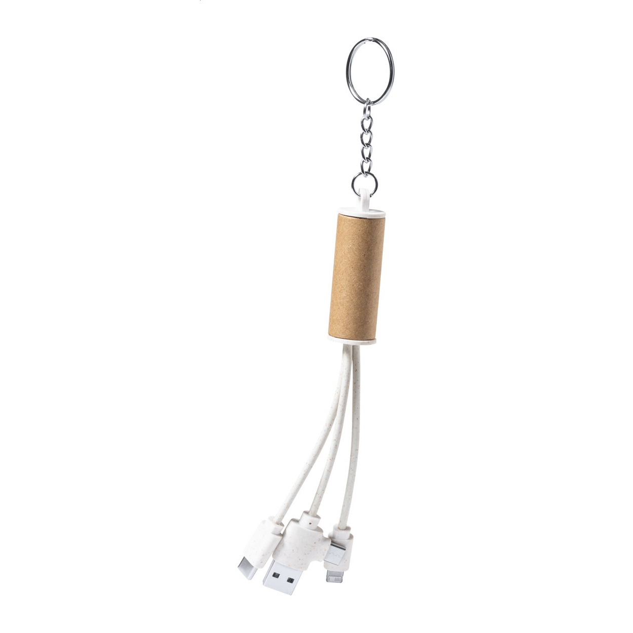 Portachiavi con cavo di ricarica USB in carta riciclata e plastica di paglia di grano con connettori micro USB, USB-C e Lightning — gadget promozionale personalizzabile con il tuo logo