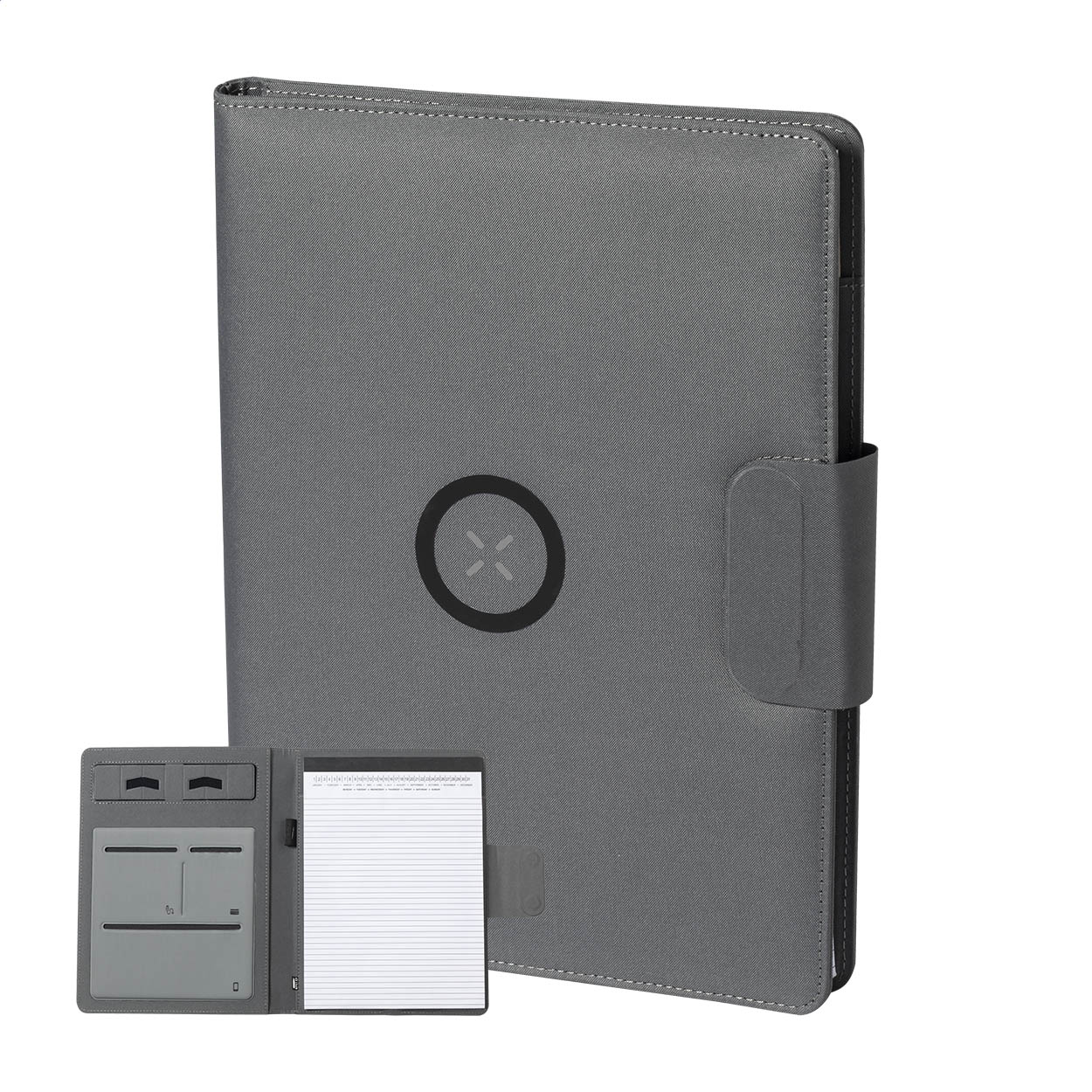 Cartella portadocumenti formato A4 in poliestere 300D RPET, con caricabatterie magnetico wireless rapido integrato (10W), power bank da 5000 mAh con porta di ricarica USB, supporto pieghevole per cellulare e blocco note da 20 fogli a righe — gadget promozionale personalizzabile con il tuo logo