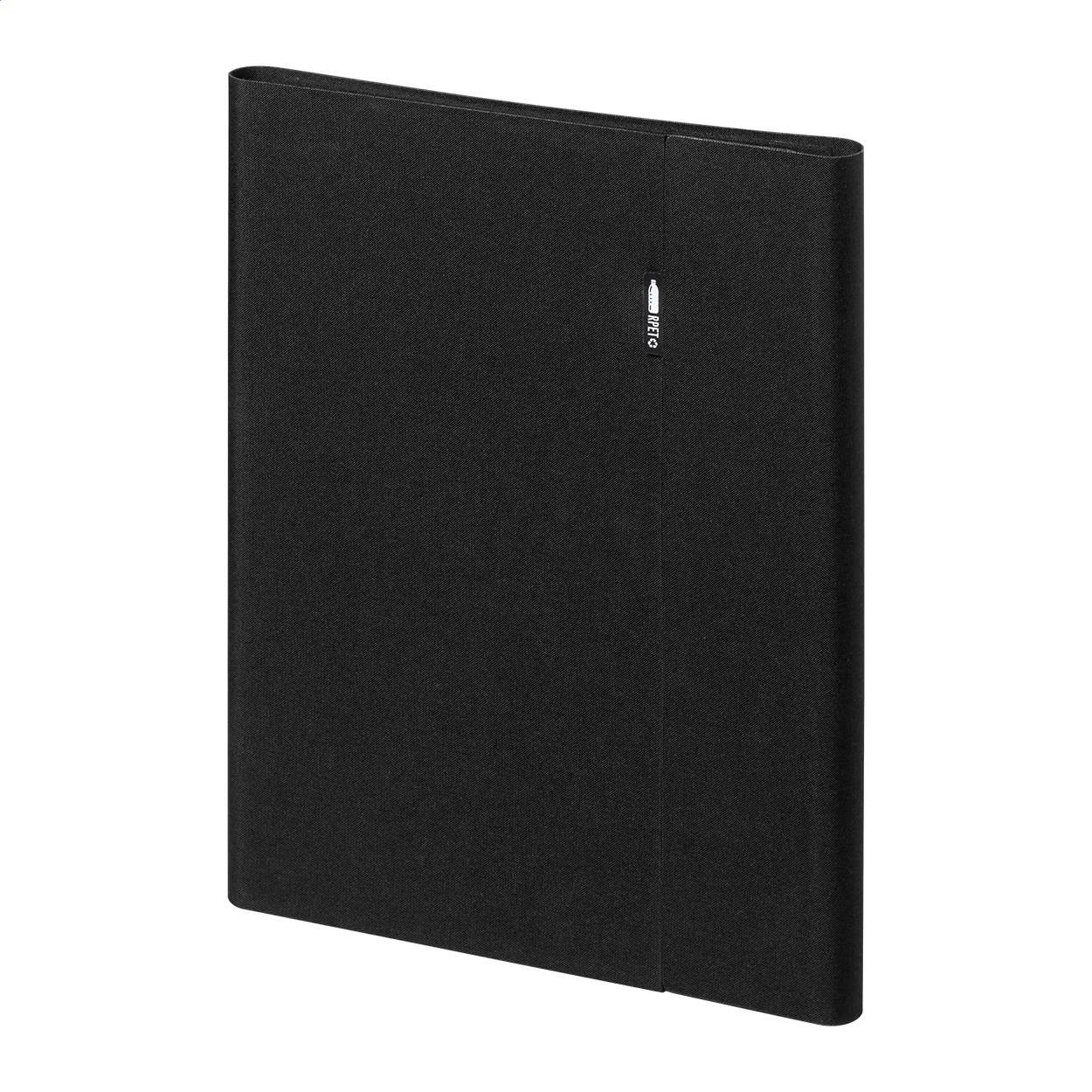 Cartella portadocumenti formato A4 in poliestere 600D RPET, con chiusura magnetica, portacellulare pieghevole, blocco note da 20 fogli a righe ed etichetta RPET — gadget promozionale personalizzabile con il tuo logo