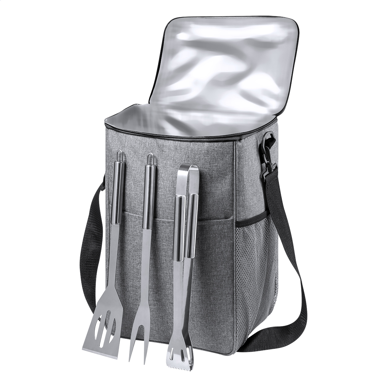 Borsa frigo con set BBQ — gadget promozionale personalizzabile con il tuo logo