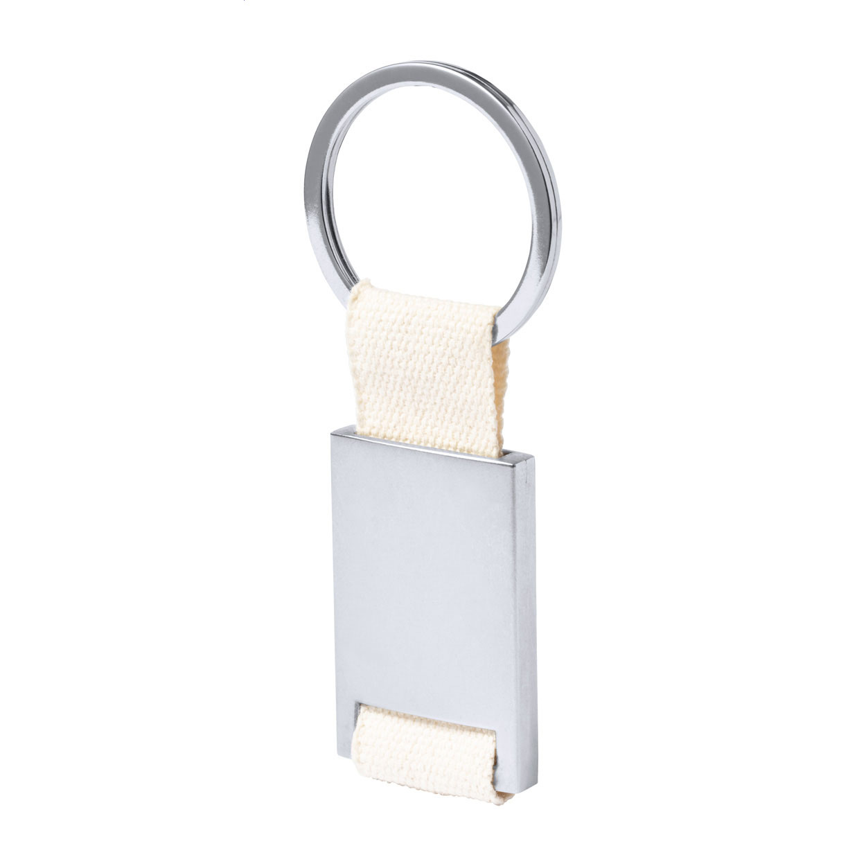 Portachiavi rettangolare in metallo con fascia in cotone e anello in metallo — gadget promozionale personalizzabile con il tuo logo