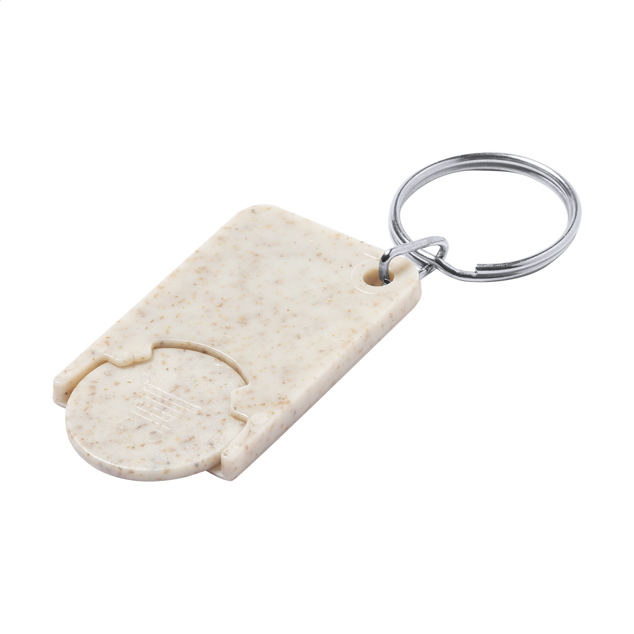 Gettone per carrello della spesa in plastica ABS e paglia di grano, con portachiavi in metallo — gadget promozionale personalizzabile con il tuo logo