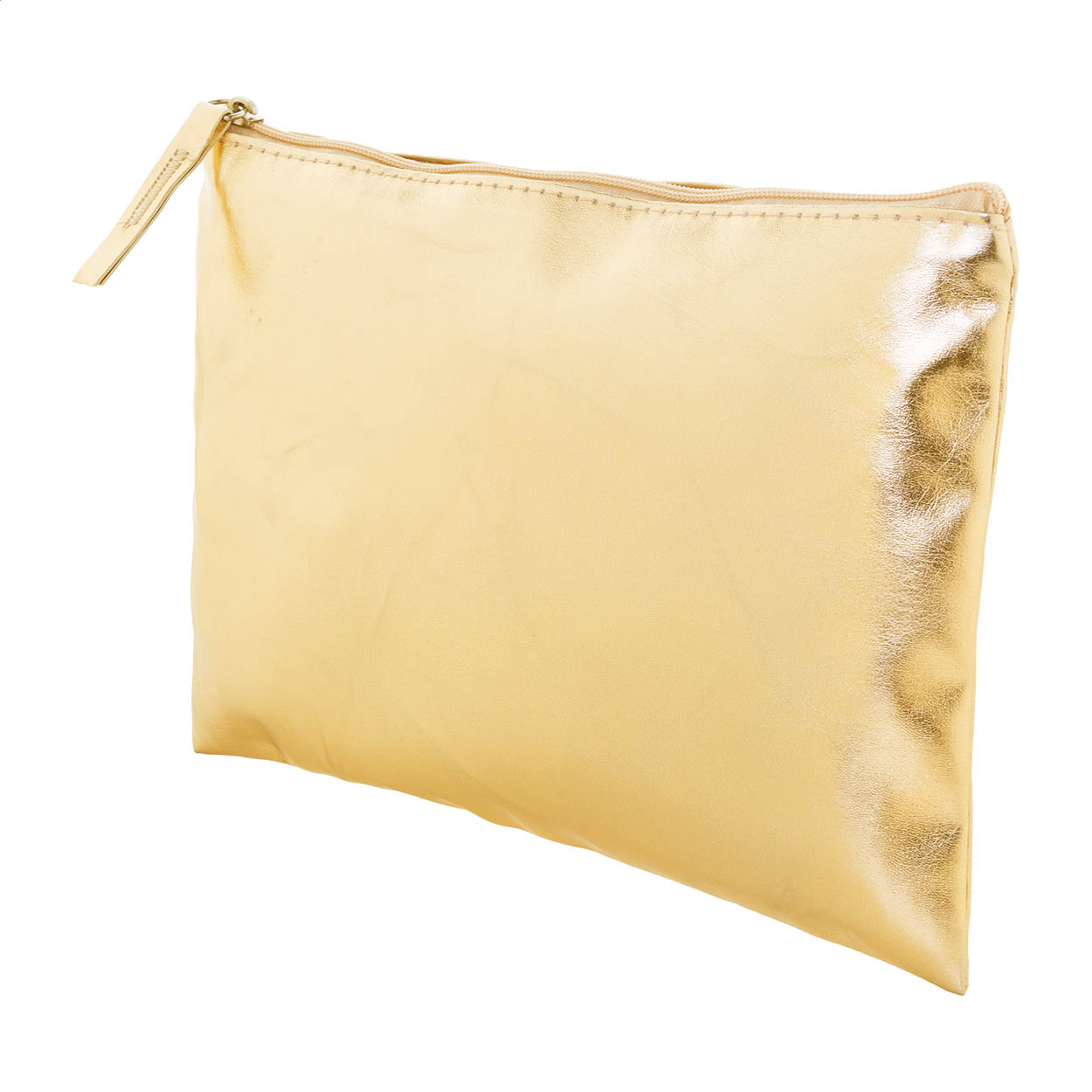 Trousse per cosmetici in pelle PU con cerniera e finitura metallizzata — gadget promozionale personalizzabile con il tuo logo