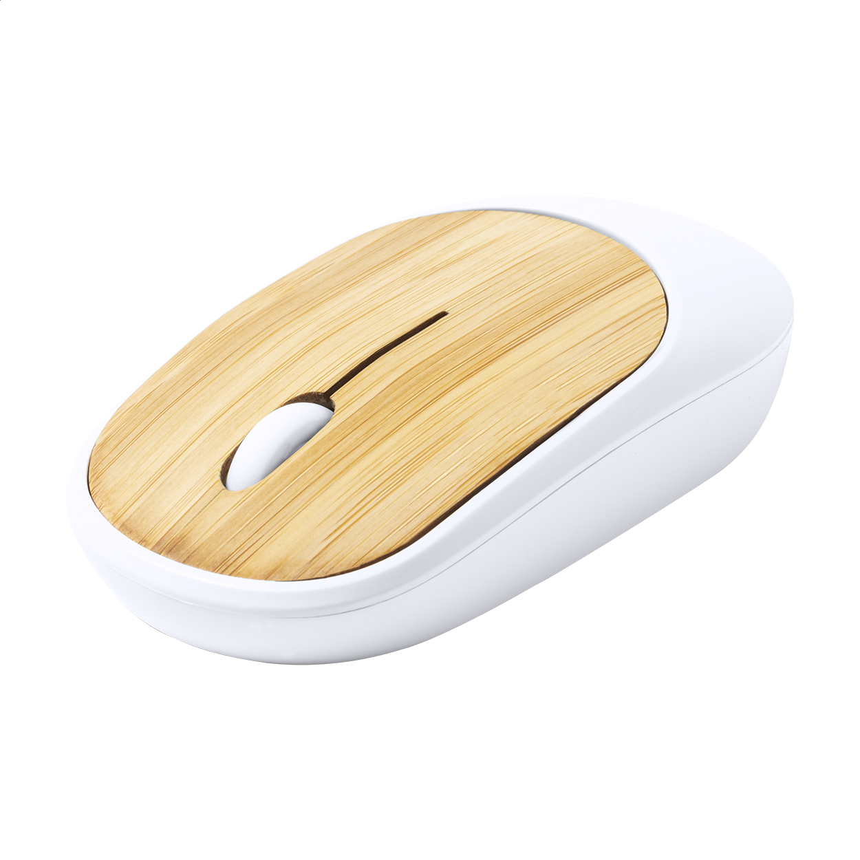 Mouse ottico wireless con struttura in bambù e ABS — gadget promozionale personalizzabile con il tuo logo