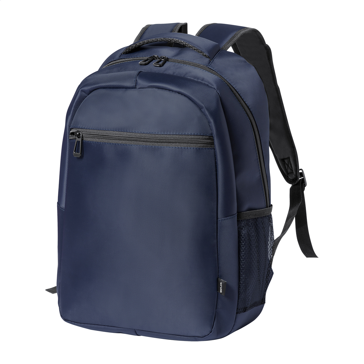 Zaino RNYLON con scomparti chiusi da cerniera, tasche laterali in rete, tasca imbottita per laptop (15"), cinghia trolley, schienale e spallacci imbottiti — gadget promozionale personalizzabile con il tuo logo