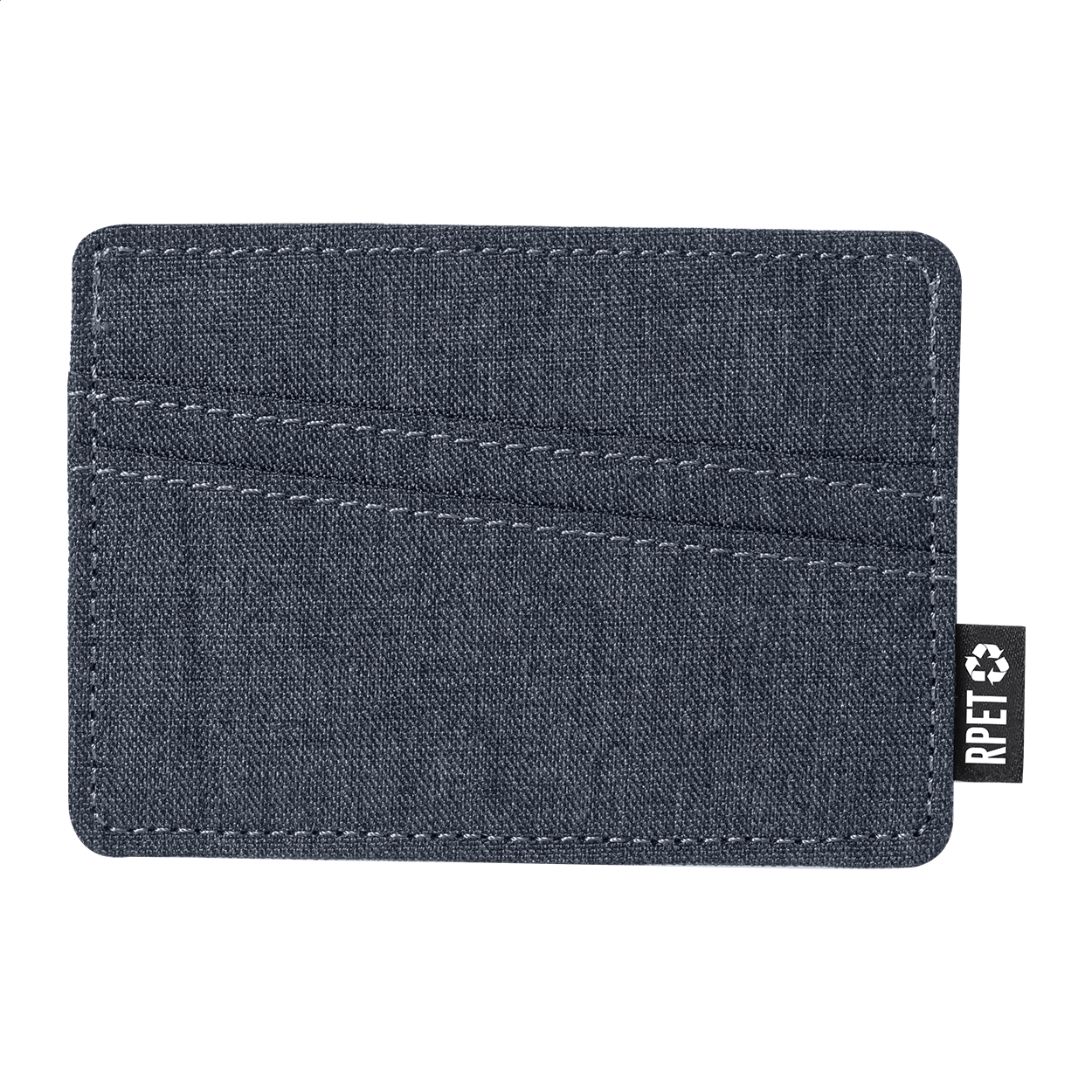 Porta carte di credito in poliestere RPET con 3 slot ed etichetta RPET — gadget promozionale personalizzabile con il tuo logo
