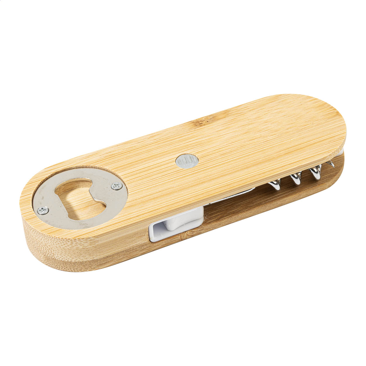 Apribottiglie e cavatappi magnetico in bambù — gadget promozionale personalizzabile con il tuo logo
