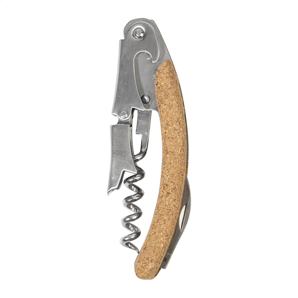 Apribottiglie e cavatappi in acciaio inossidabile con manico in sughero naturale — gadget promozionale personalizzabile con il tuo logo