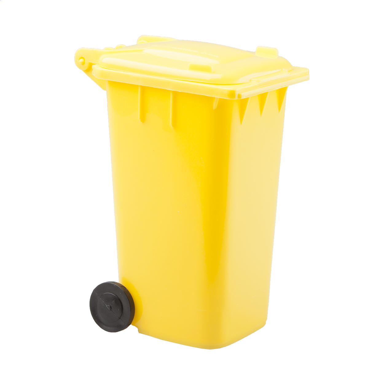 Porta penne in plastica a forma di bidone dell'immondizia — gadget promozionale personalizzabile con il tuo logo