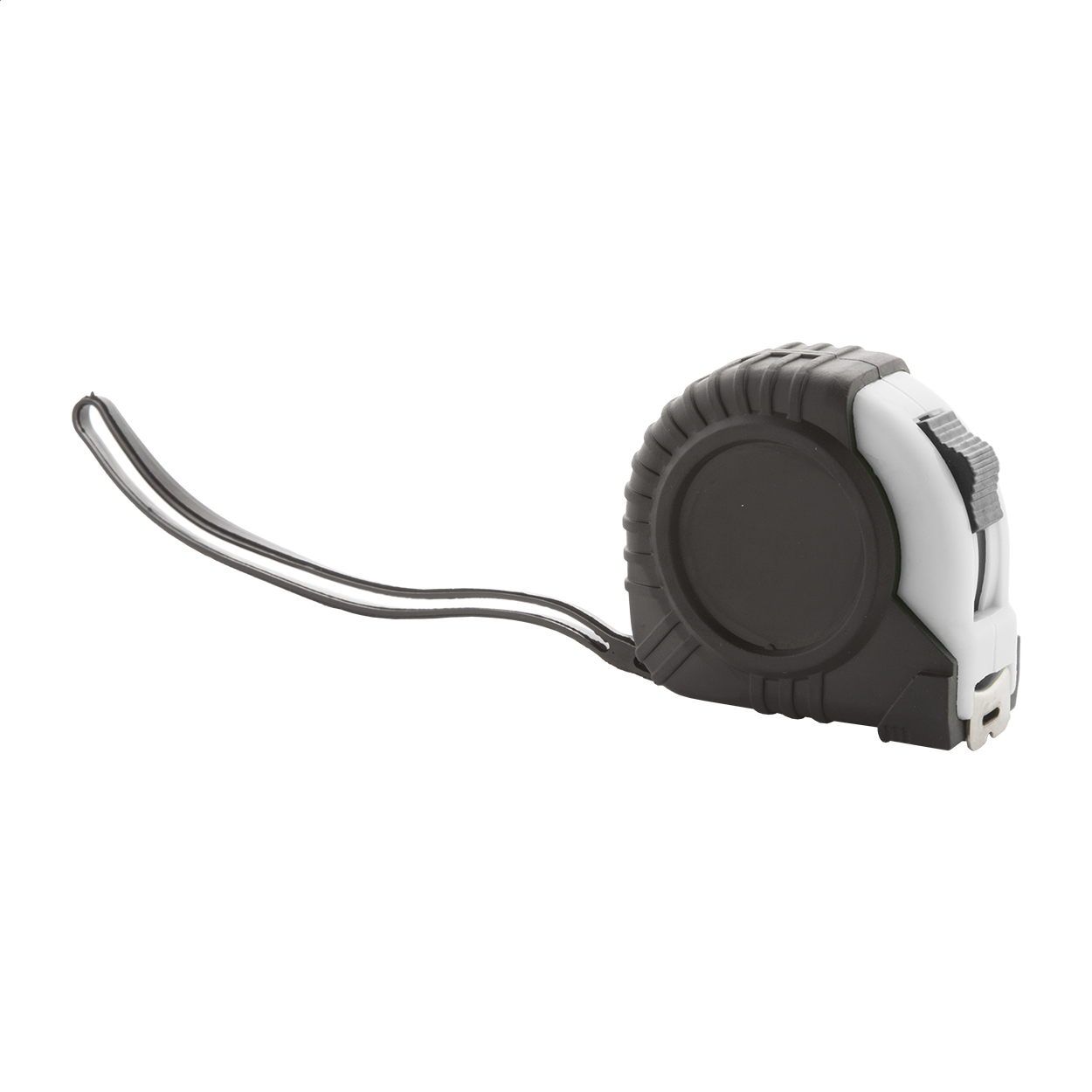 Flessometro in plastica, con funzione di blocco e clip in metallo per cintura — gadget promozionale personalizzabile con il tuo logo