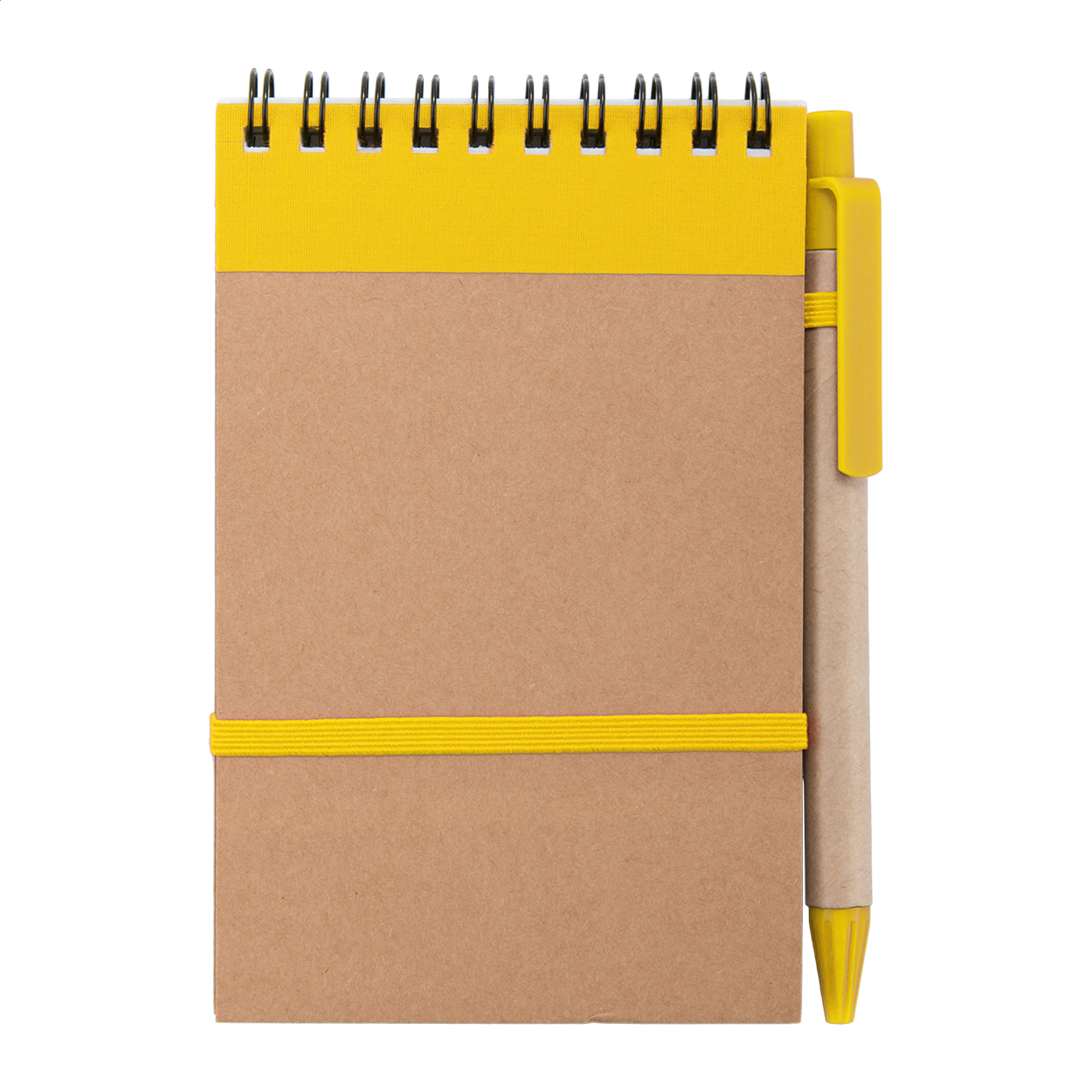 Blocco note a spirale con 70 fogli a righe, copertina in carta riciclata e penna a sfera in cartone riciclato con refill blu — gadget promozionale personalizzabile con il tuo logo