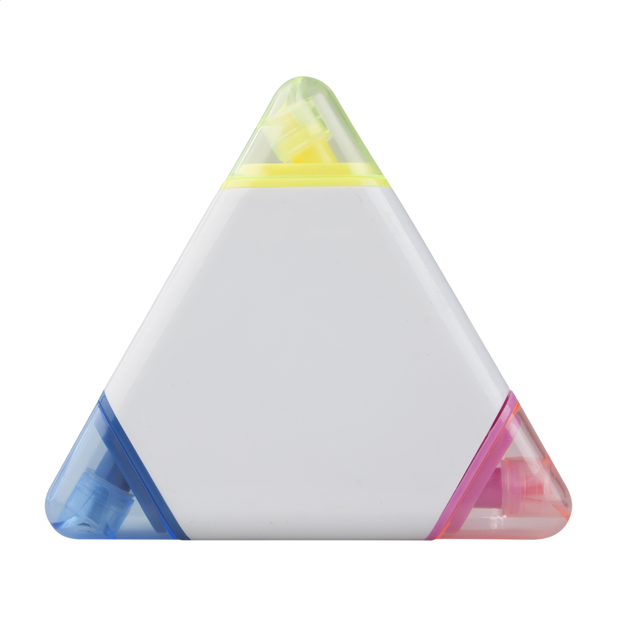 Evidenziatore a forma di triangolo con 3 punte di colori diversi e coperchio trasparente coordinato — gadget promozionale personalizzabile con il tuo logo