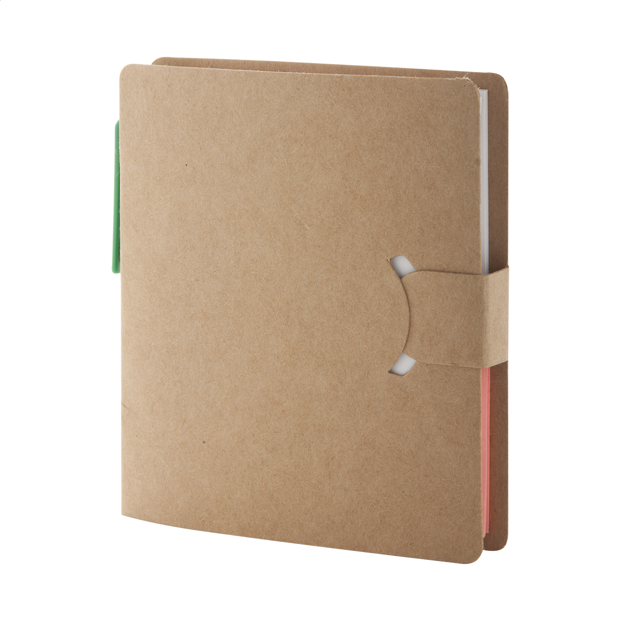 Blocco fogli adesivi con 225 foglietti di varie dimensioni, penna a sfera e copertina in cartoncino — gadget promozionale personalizzabile con il tuo logo